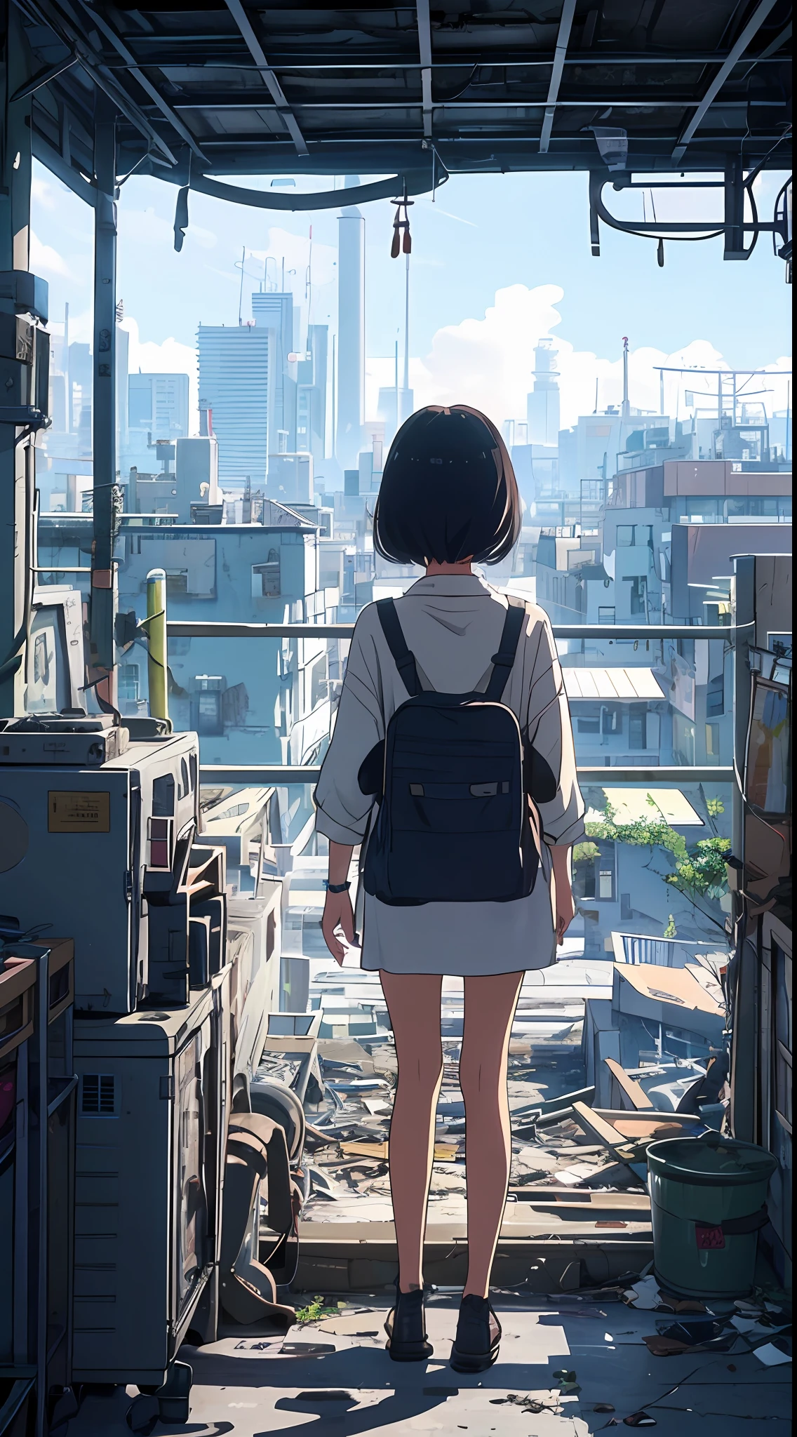 A ray of hope in a dystopia, a girl from the future who has wandered into the Islamic world, the back of a girl in the back of the center of the screen, a complex cityscape, a devastated world, a pulling composition, industrial,