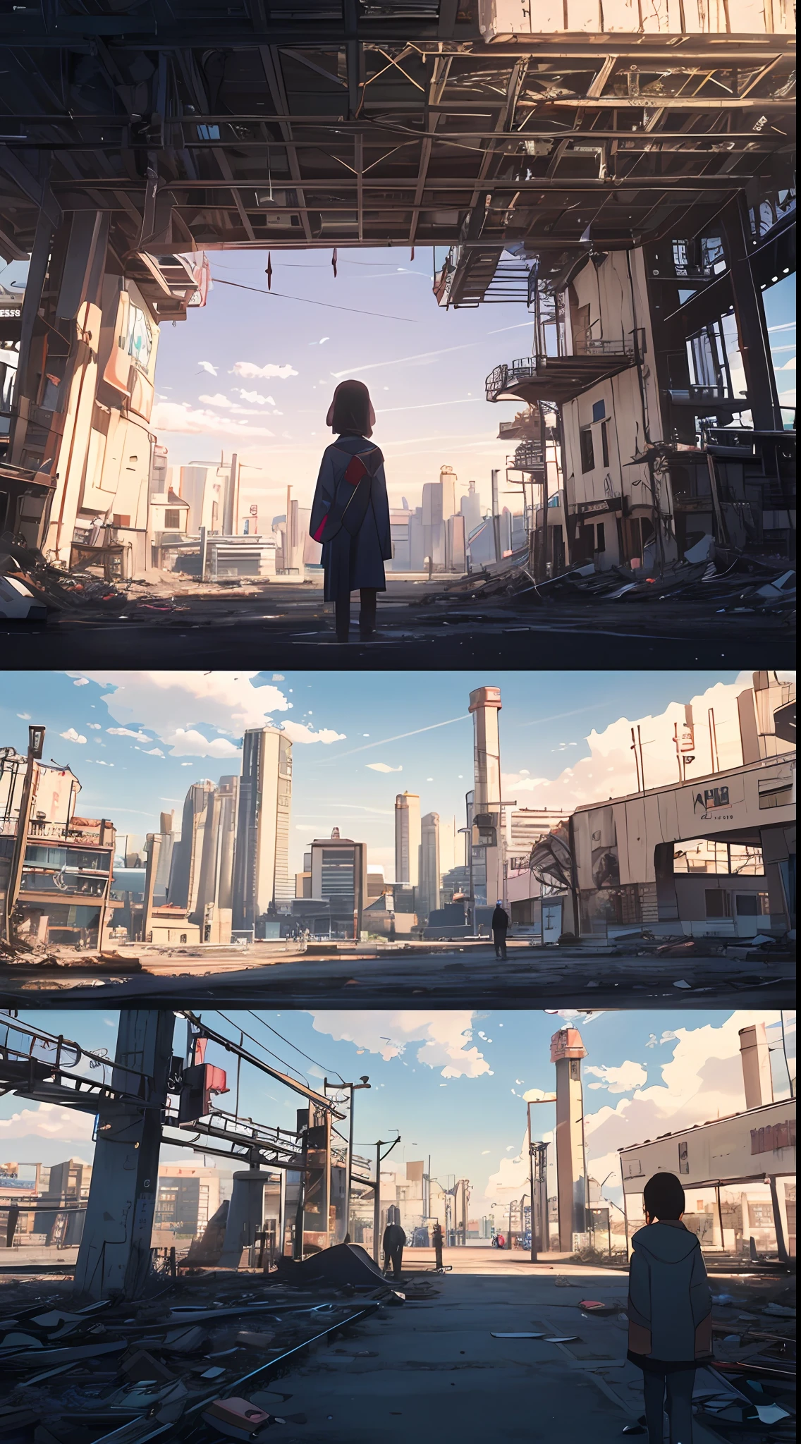 A ray of hope in a dystopia, a girl from the future who has wandered into the Islamic world, the back of a little girl in the back of the center of the screen, a complex cityscape, a devastated world, a pulling composition, industrial,
