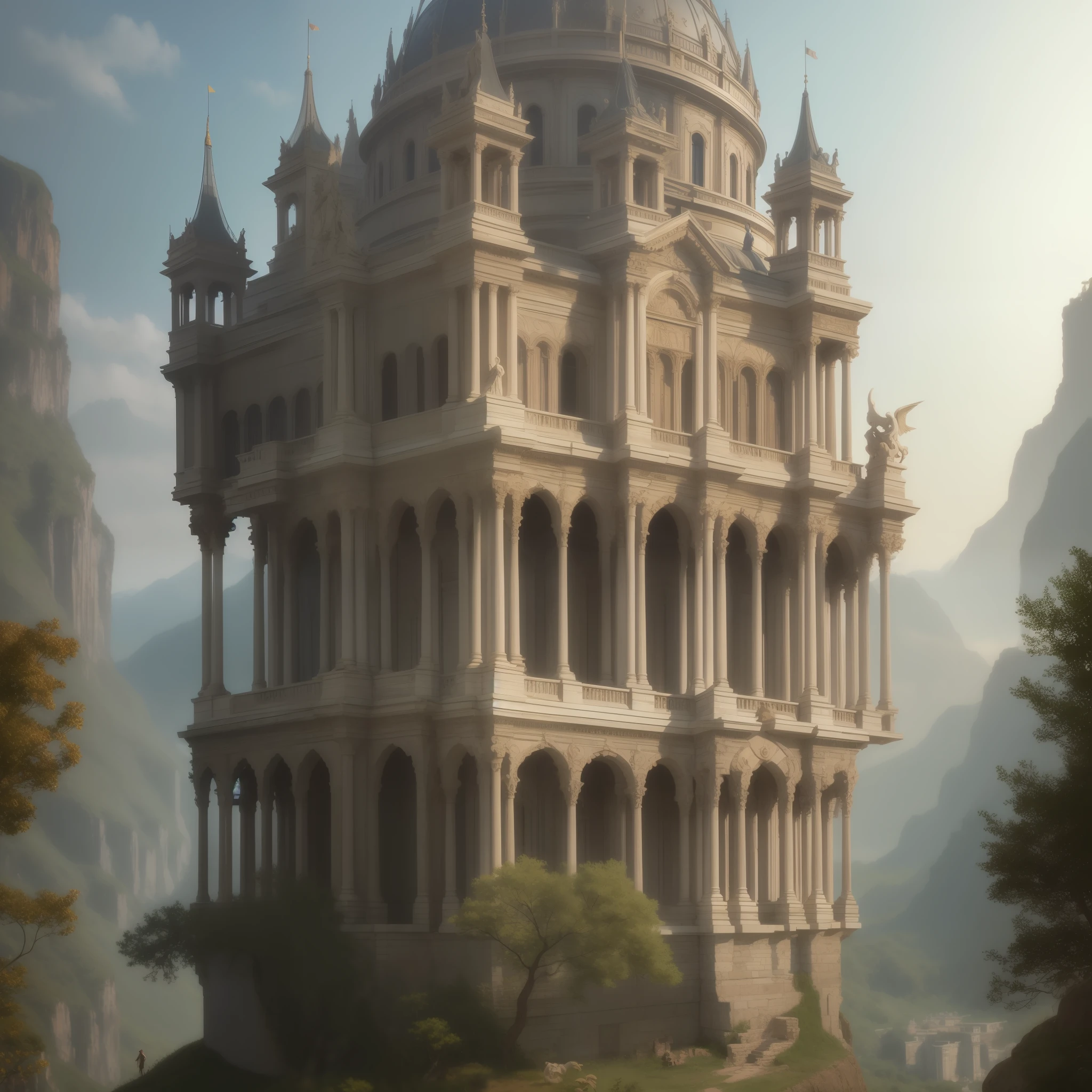 Fantastic fairytale image of a very intricate Renaissance temple, seen from a tall rock. Digital painting, artstation, concept art, soft focus, sharp, illustration.