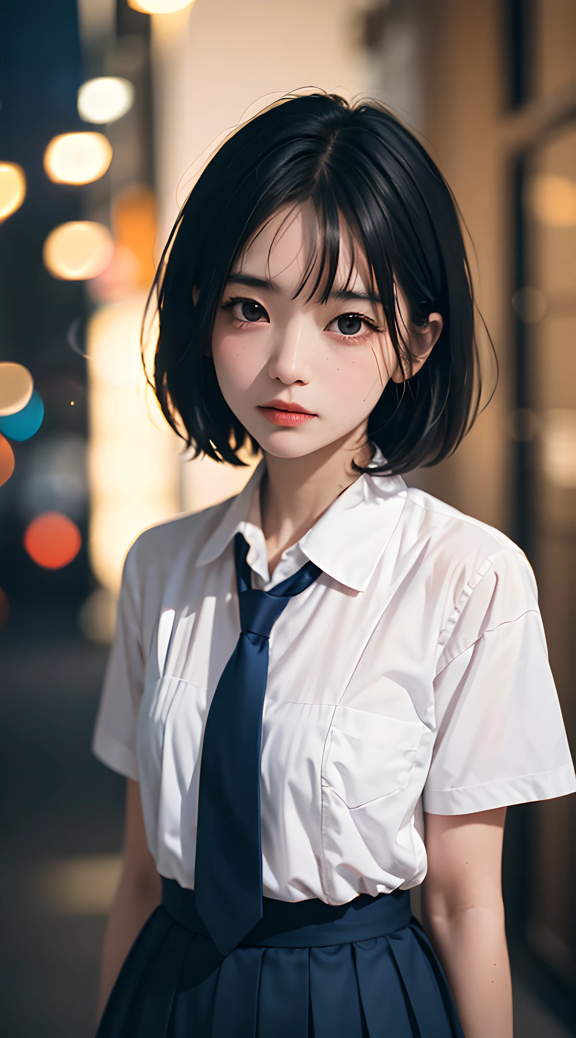 (masterpiece, best quality:1.4), beautiful girl, pretty face, (white dress shirt:1.2), short sleeve, 8k, 50mm portrait, official art, raw photo, absurdres, natural, candid, cute, upper body, street, bobcut hair, (blue tie, navy pleated skirt:1.3), slender, thin waist, thin arms, (short torso, large breasts:0.6), facelight, no makeup, crisp lighting, diffused lighting, film grain, chromatic aberration, sharp focus, (bokeh:1.2), (dark background, blurred background:1.5)