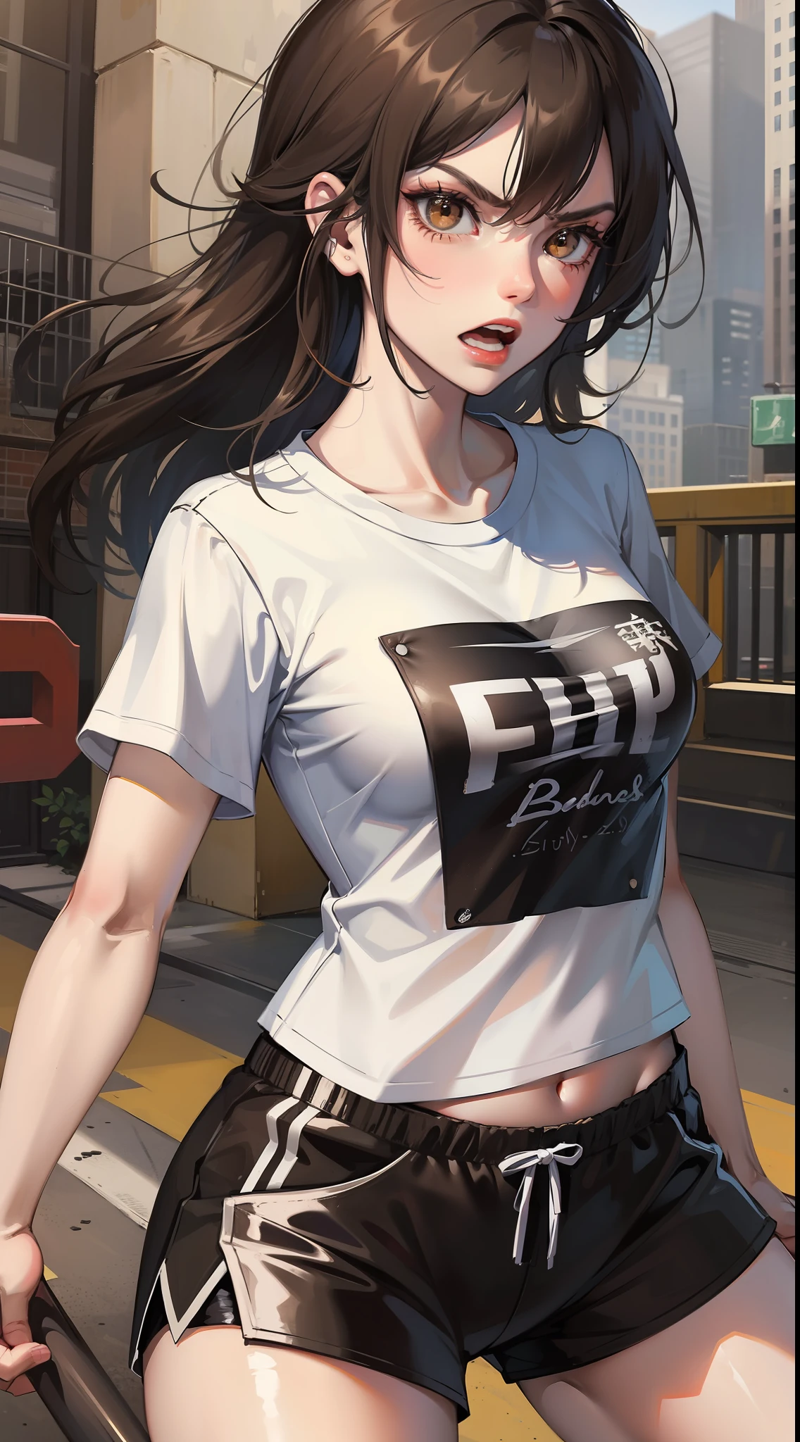 Young girl, long black hair, brown eyes, t-shirt, sports shorts, angry, fighting stance, masterpiece, high quality