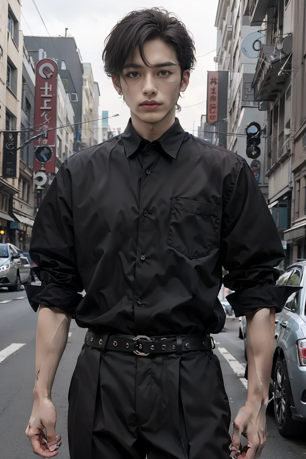 Handsome men , luxury black pant, black red shirt