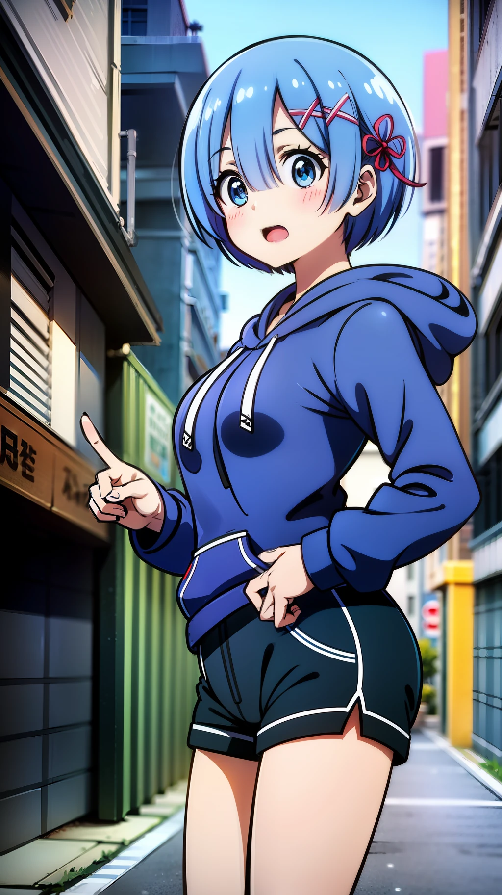 Masterpiece, rem rezero, blue eyes, surprised face, blue hoodie, medium breasts, dark shorts, arms at the sides, in the middle of the street, front view,