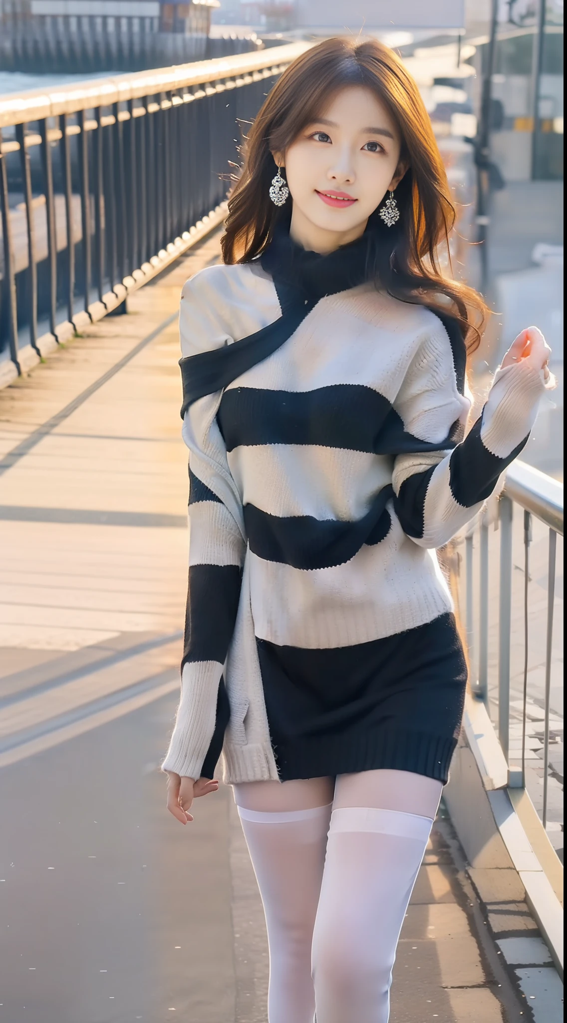 (1.5 for a person), (1.5 for a pure lust style), ((best quality, 8k, masterpiece: 1.3)), (slim body: 1.3), focus: 1.2, perfect body beauty: 1.4, (pursed lips and smile: 1.2), (pure desire 1.5) Highly detailed face and skin texture, delicate eyes, double eyelids, whitening skin, (flaming red lips: 1.5), (black shoulder sweater 1.4), (Full body photo 1.8) (JK skirt 1.4) slender legs, (platform heels 1.5) (black pantyhose 1.5), black one-piece stockings, delicate facial features, high nose, big eyes, wearing earrings, hand strap a fashion watch, (silver and white long hair big wave 1.5), standing by the bridge