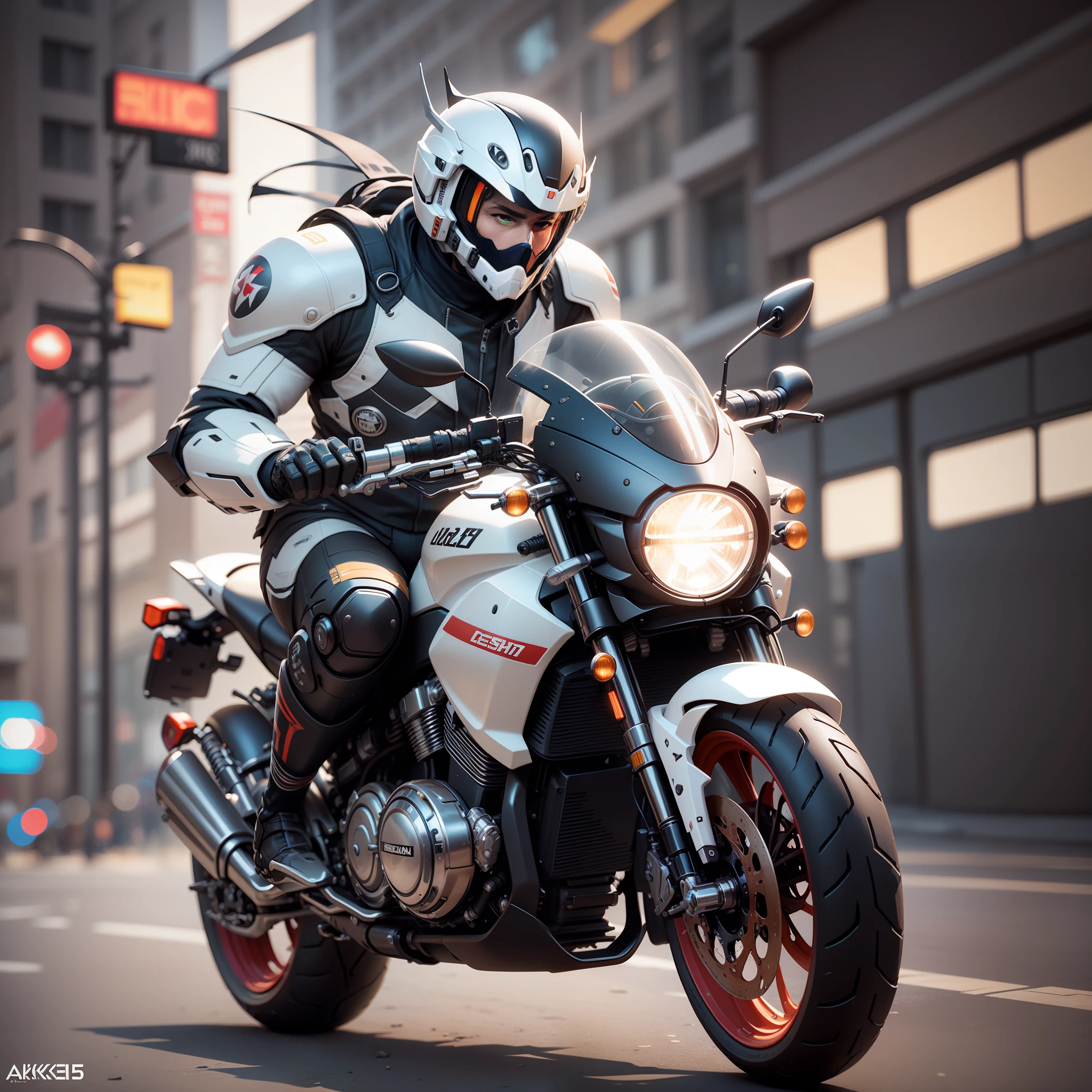 A motorcycle rider riding a motorcycle with a helmet on his head, bright lights shining down, rendered in redshift, rendered in Unreal 5, redshifted rendered, rendered in Unreal Engine 5, created in Unreal Engine 5, 8K high-detail concept art, mecha set, mecha inspiration, Akihiko Yoshida. Unreal Engine, Unreal Engine 5 High Rendering