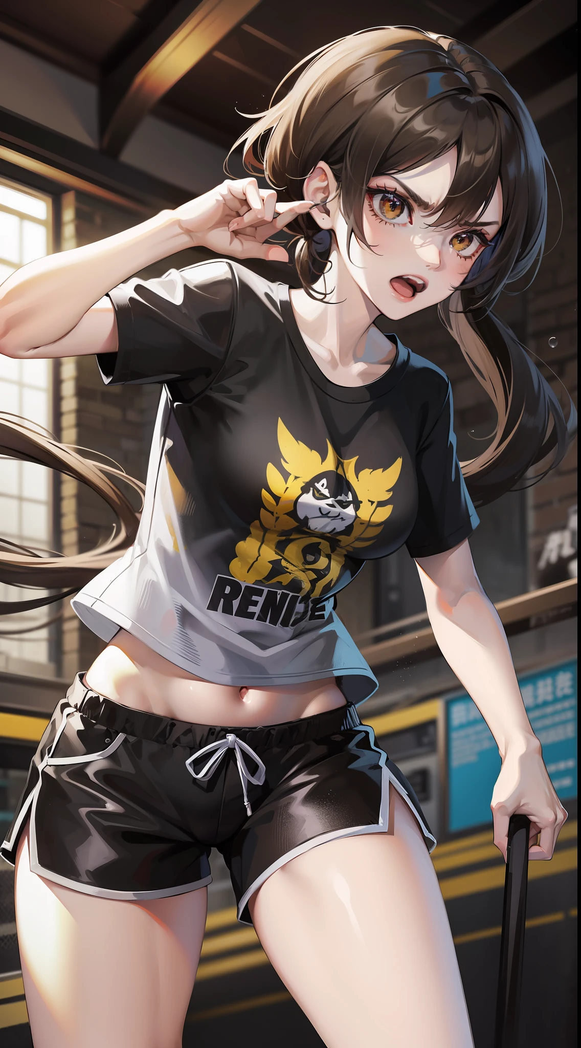 Young girl, long black hair, brown eyes, t-shirt, sports shorts, angry, fighting stance, masterpiece, high quality