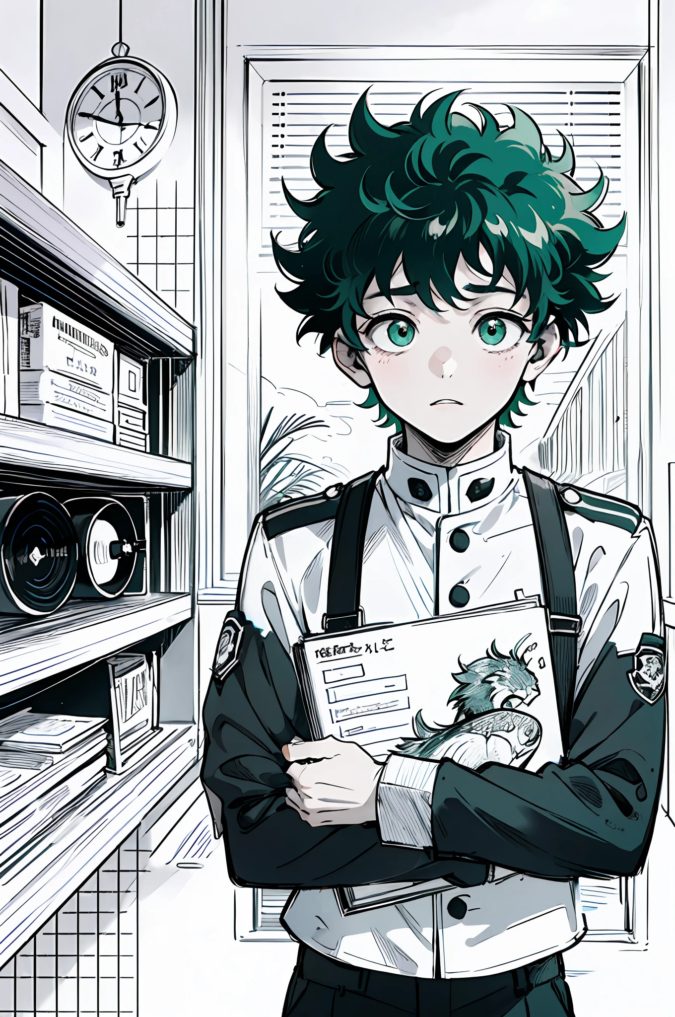Masterpiece, top quality, 8k, one boy, Izuku Midoriya, 16 years old, black high-neck uniform, big green eyes, holding a notebook in front of the chest, troubled look, monochrome, line drawing,