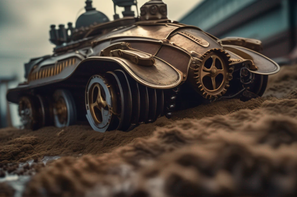 Crawling tank, steampunk, morphing car, realistic photography for film shooting + dynamic composition, sharpening, detail + intricate details + professional lighting, film lighting + 35mm + anamorphic + light room + cinematography + bokeh + lens glare + film grain + HDR10 + 8K + Marcin Nagraba + Rebecca Mirren