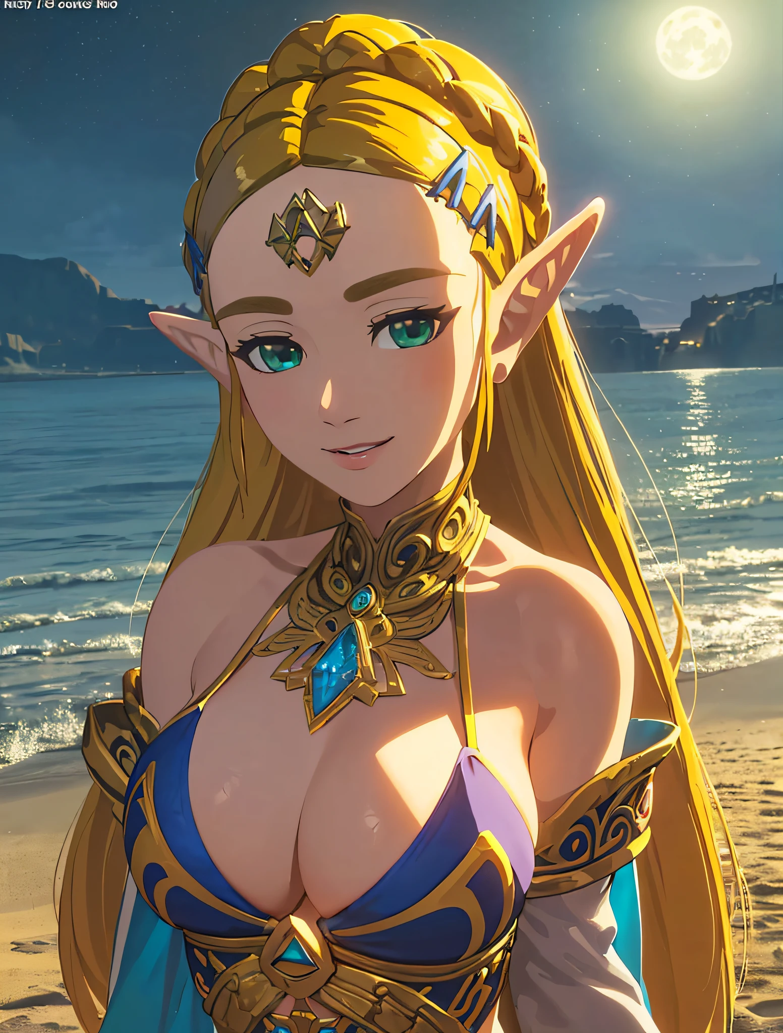 ((masterpiece)),(illustration),(((best quality)),iridescent, high resolution illustration,Amazing,highres,intricate detail, extremely detailed CG unity 8k wallpaper ((zelda)), large breasts, upper_body, (delicate cute face), blond long hair, lovestruck,(green eyes), beach, moonlight, night time, micro bikini, smile, facing viewer