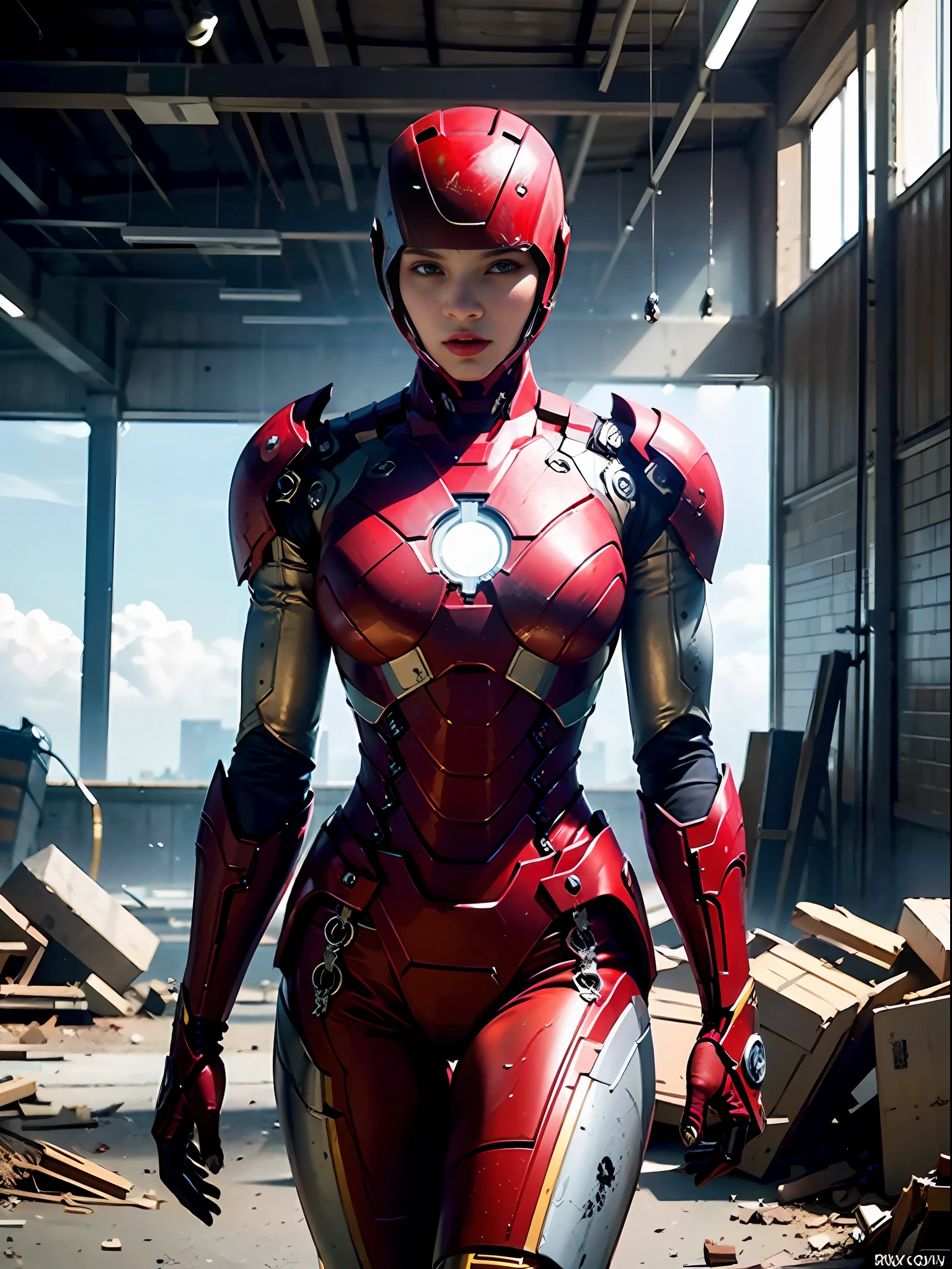 8k, realistic, attractive, highly detailed, a 20 year old girl a sexy and attractive woman inspired by Iron Man wearing a shiny Iron Man mech. She dresses with sexiness and confidence, perfectly interpreting Iron Man's strength and charisma. The abandoned warehouse serves as a backdrop, creating a unique atmosphere that highlights her bravery and perseverance. The cloudy sky adds a sense of tension and mystery to the whole scene. This high-definition, high-quality picture will bring you a shocking visual experience. The detailed abandoned warehouse and shiny mechs will keep your eyes on you. oc rendering, dramatic lighting, award winning quality