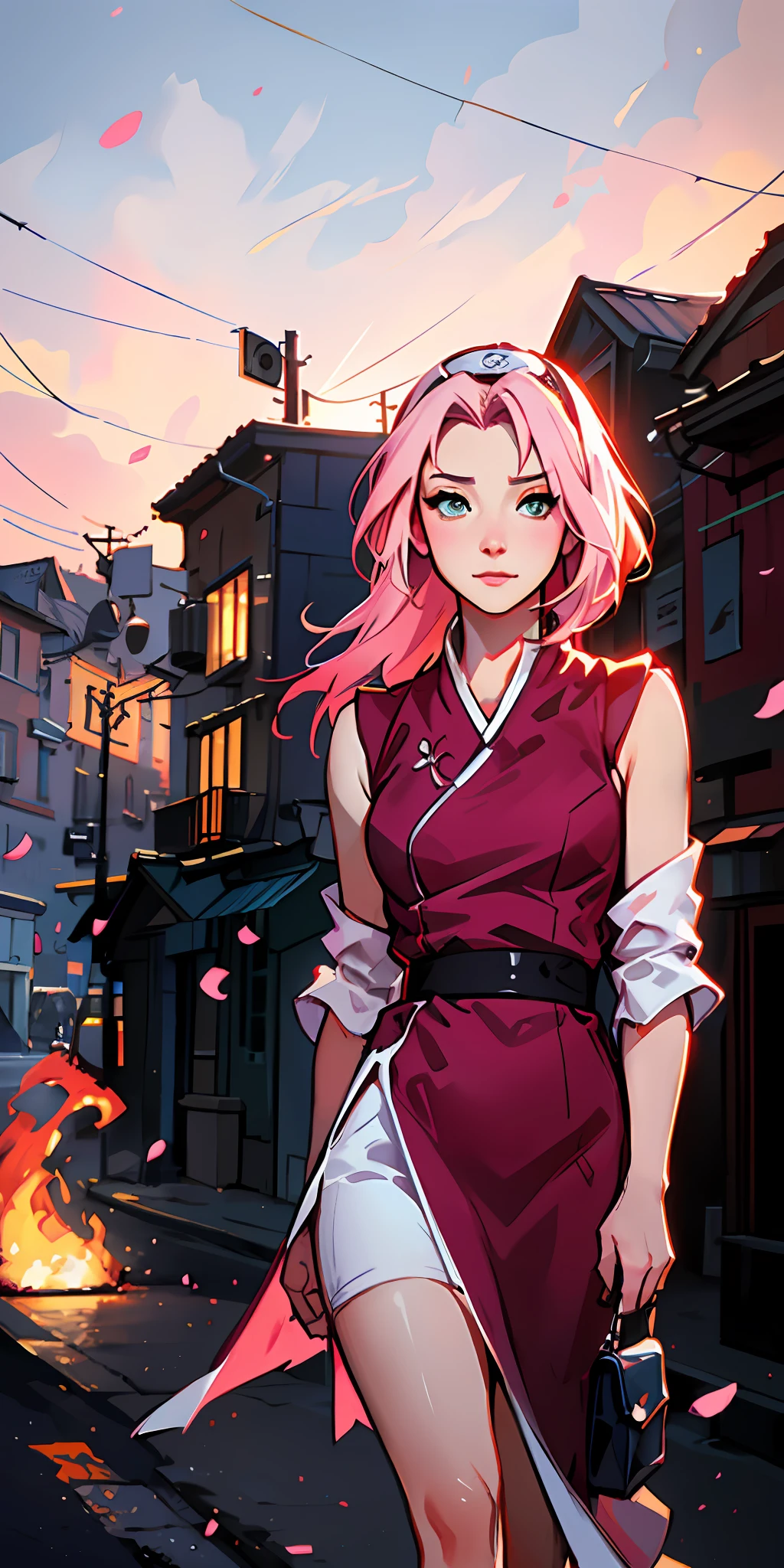 Sakura haruno, ((forehead the show)), solo, charming, contemplating the sunset, attractive, wearing a red dress, pink hair, delicate, young, long hair, detailed face, austere image, full body, looking at the viewer, bandana on the head, surrounded by fire, trend in art by rhads, andreas rocha, rossdraws, makoto shinkai, laurie greasley, lois van baarle, ilya kuvshinov and greg rutkowski