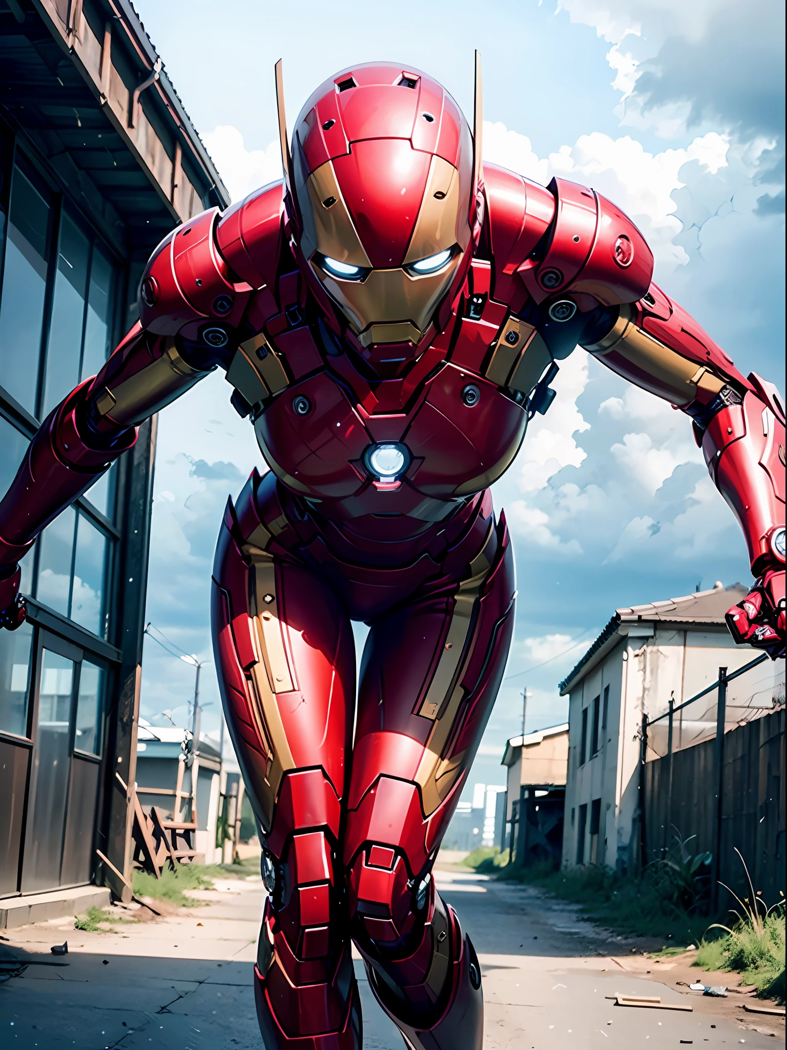 8k, realistic, attractive, highly detailed, a 20 year old girl a sexy and attractive woman inspired by Iron Man wearing a shiny Iron Man mech. She dresses with sexiness and confidence, perfectly interpreting Iron Man's strength and charisma. The abandoned warehouse serves as a backdrop, creating a unique atmosphere that highlights her bravery and perseverance. The cloudy sky adds a sense of tension and mystery to the whole scene. This high-definition, high-quality picture will bring you a shocking visual experience. The detailed abandoned warehouse and shiny mechs will keep your eyes on you. oc rendering, dramatic lighting, award winning quality
