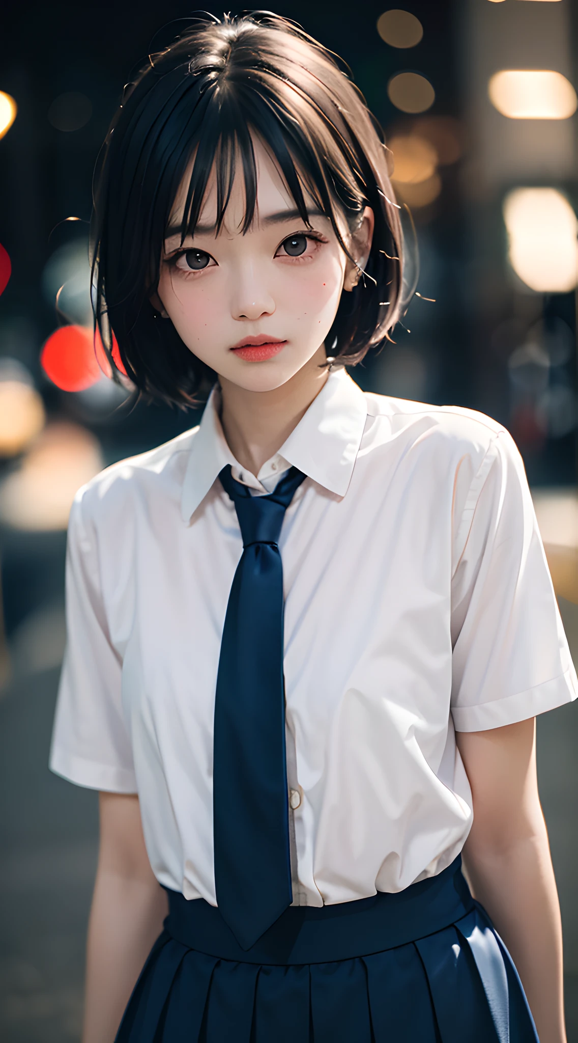 (masterpiece, best quality:1.4), beautiful girl, pretty face, (white dress shirt:1.2), short sleeve, 8k, 50mm portrait, official art, raw photo, absurdres, natural, candid, cute, upper body, street, bobcut hair, (blue tie, navy pleated skirt:1.3), slender, thin waist, thin arms, (short torso, large breasts:0.6), facelight, no makeup, crisp lighting, diffused lighting, film grain, chromatic aberration, sharp focus, (bokeh:1.2), (dark background, blurred background:1.5)