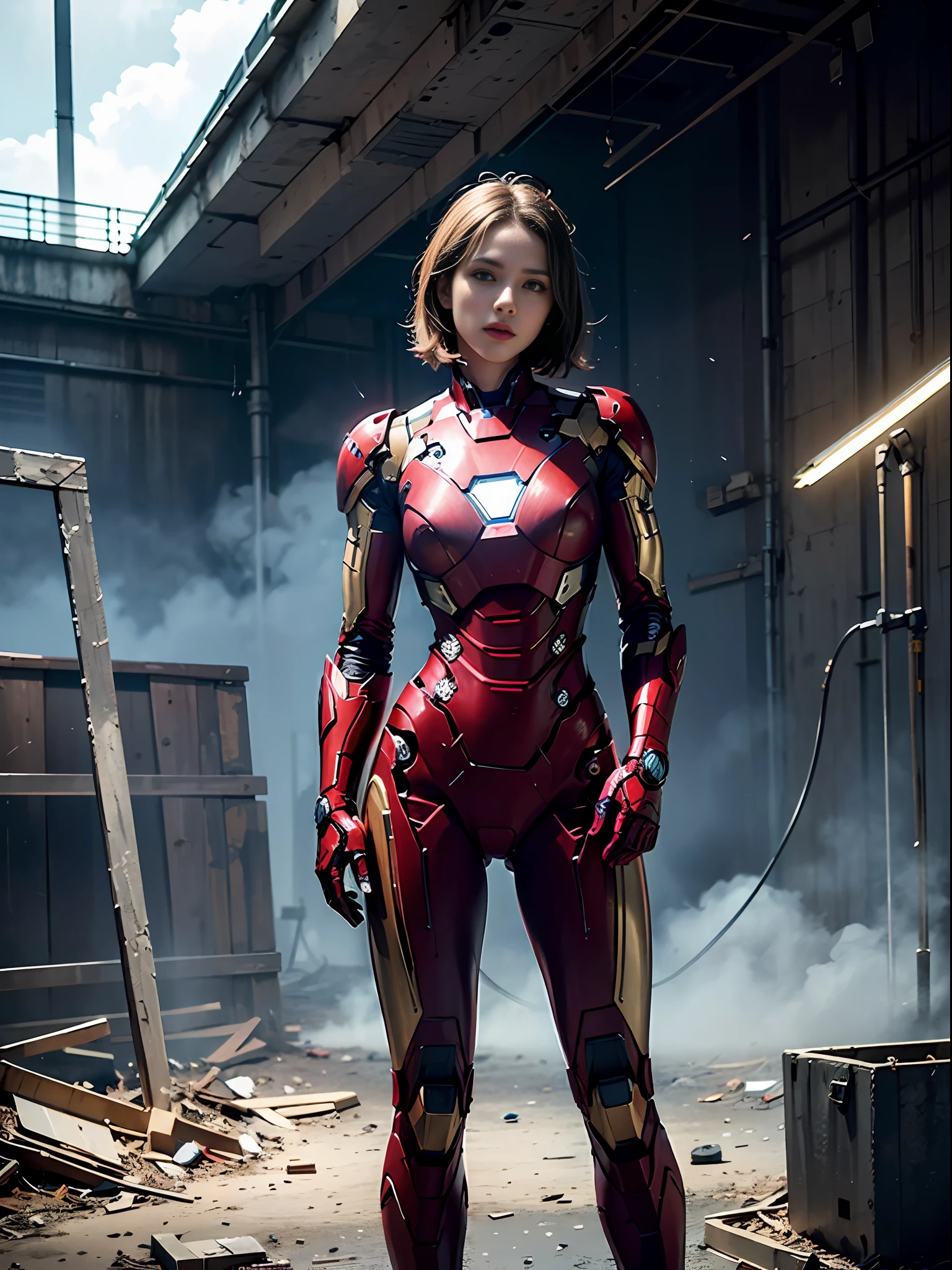 8k, realistic, attractive, highly detailed, a 20 year old girl a sexy and attractive woman inspired by Iron Man wearing a shiny Iron Man mech. She dresses with sexiness and confidence, perfectly interpreting Iron Man's strength and charisma. The abandoned warehouse serves as a backdrop, creating a unique atmosphere that highlights her bravery and perseverance. The cloudy sky adds a sense of tension and mystery to the whole scene. This high-definition, high-quality picture will bring you a shocking visual experience. The detailed abandoned warehouse and shiny mechs will keep your eyes on you. oc rendering, dramatic lighting, award winning quality