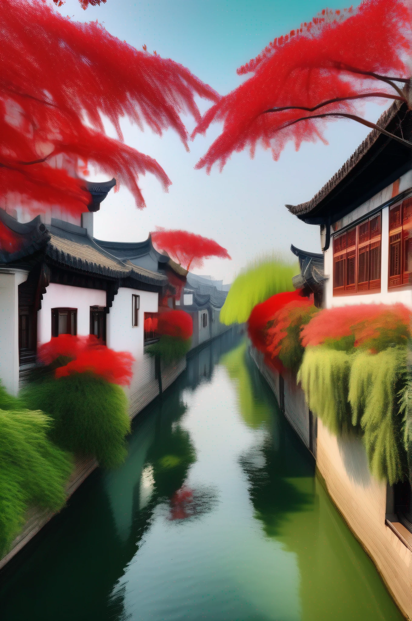Sunny Jiangnan town water town spring green trees full of red flowers, ultra-clear image quality, 8K HD, ultra HD, soft volume, soft, quiet, gentle