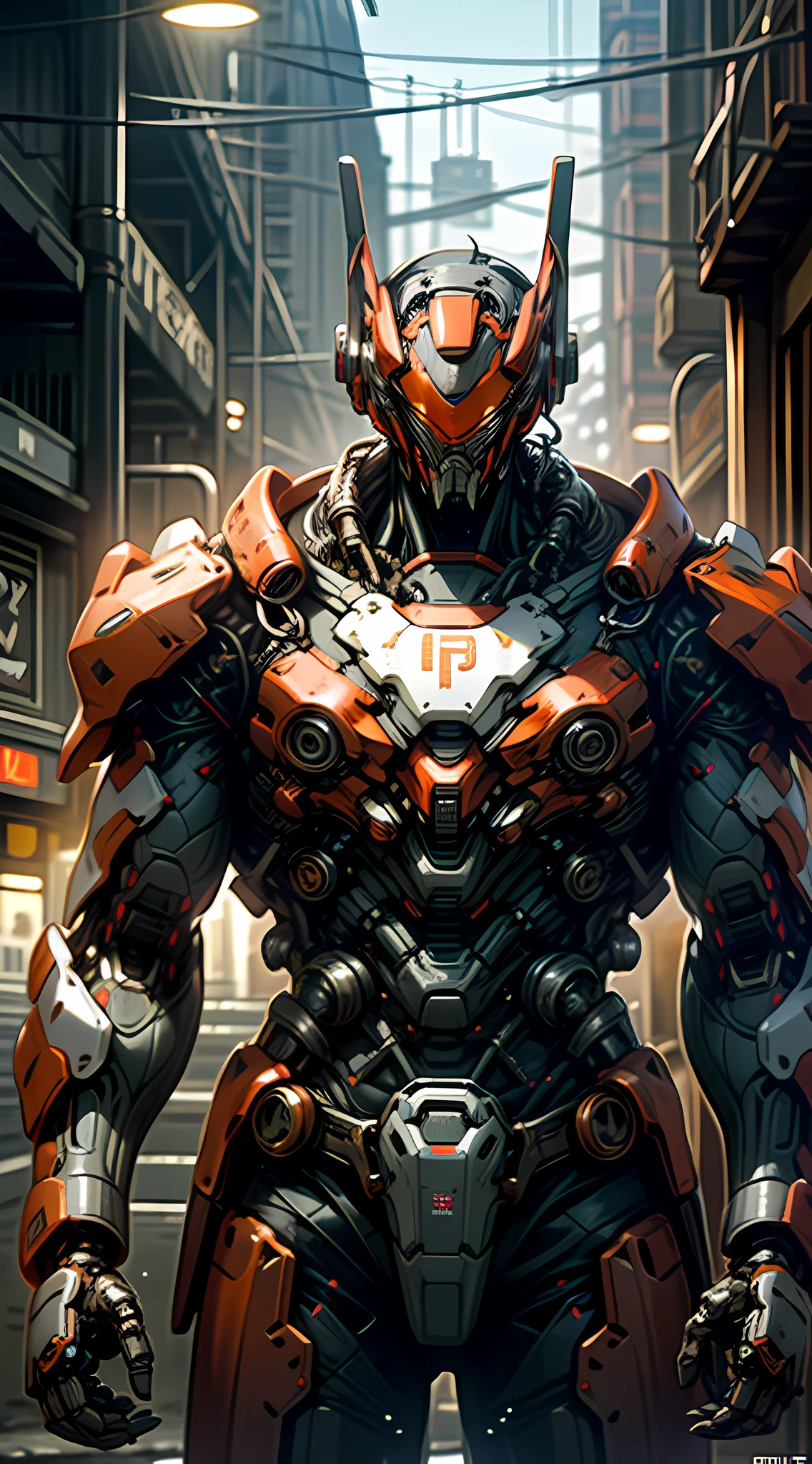 Dark_Fantasy,Cyberpunk,(chain saw,chain saw man,Red:1.1),1man,Mechanical marvel,Robotic presence,Cybernetic guardian, wearing a worn-out mech suit, intricate, (steel metal [rusty]), elegant, clear focus, shot by greg rutkowski, soft lighting, vibrant colors, masterpiece, ((street)), cowboy shot, dynamic pose,