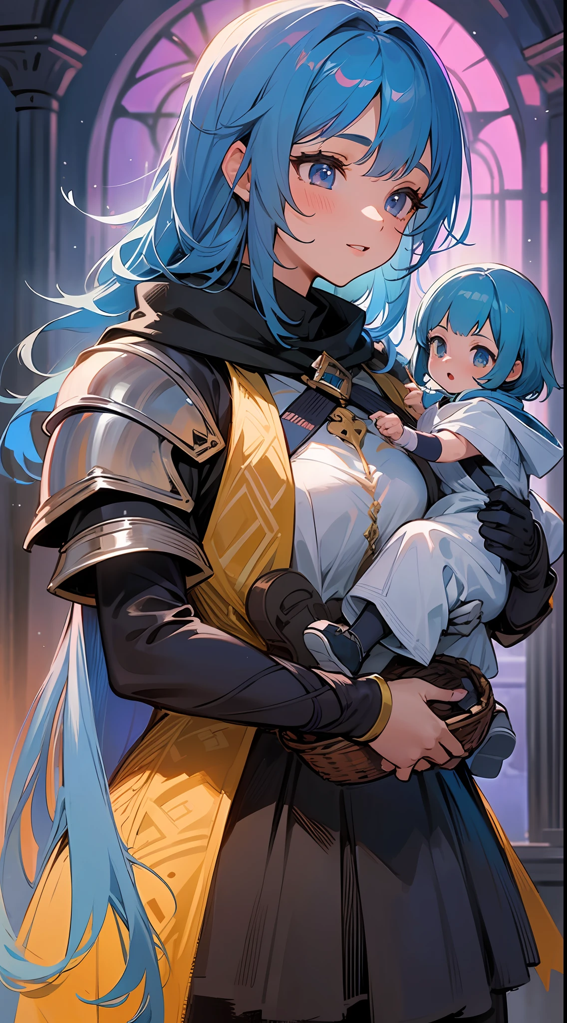 Top quality, detail, 8K, 4K, high resolution, detailed, blue-haired knight girl, upper body shown, holding a basket with a baby, adventurer's guild building, ((several girls)), characters of various colors, (fantasy world), winter night,