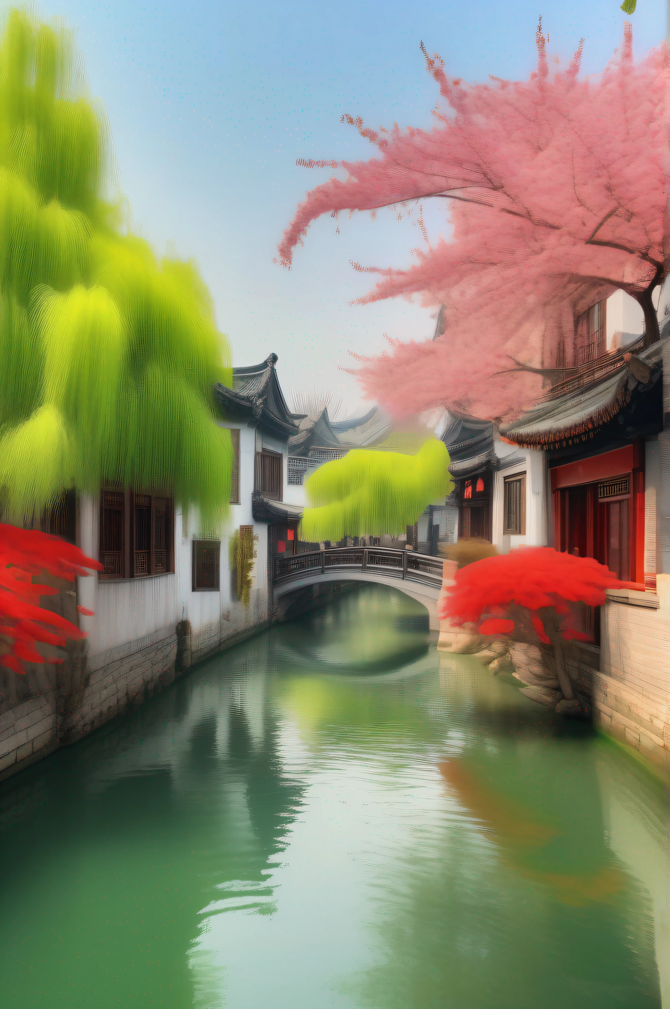 Sunny Jiangnan town water town spring green trees full of red flowers, ultra-clear image quality, 8K HD, ultra HD, soft volume, soft, quiet, gentle