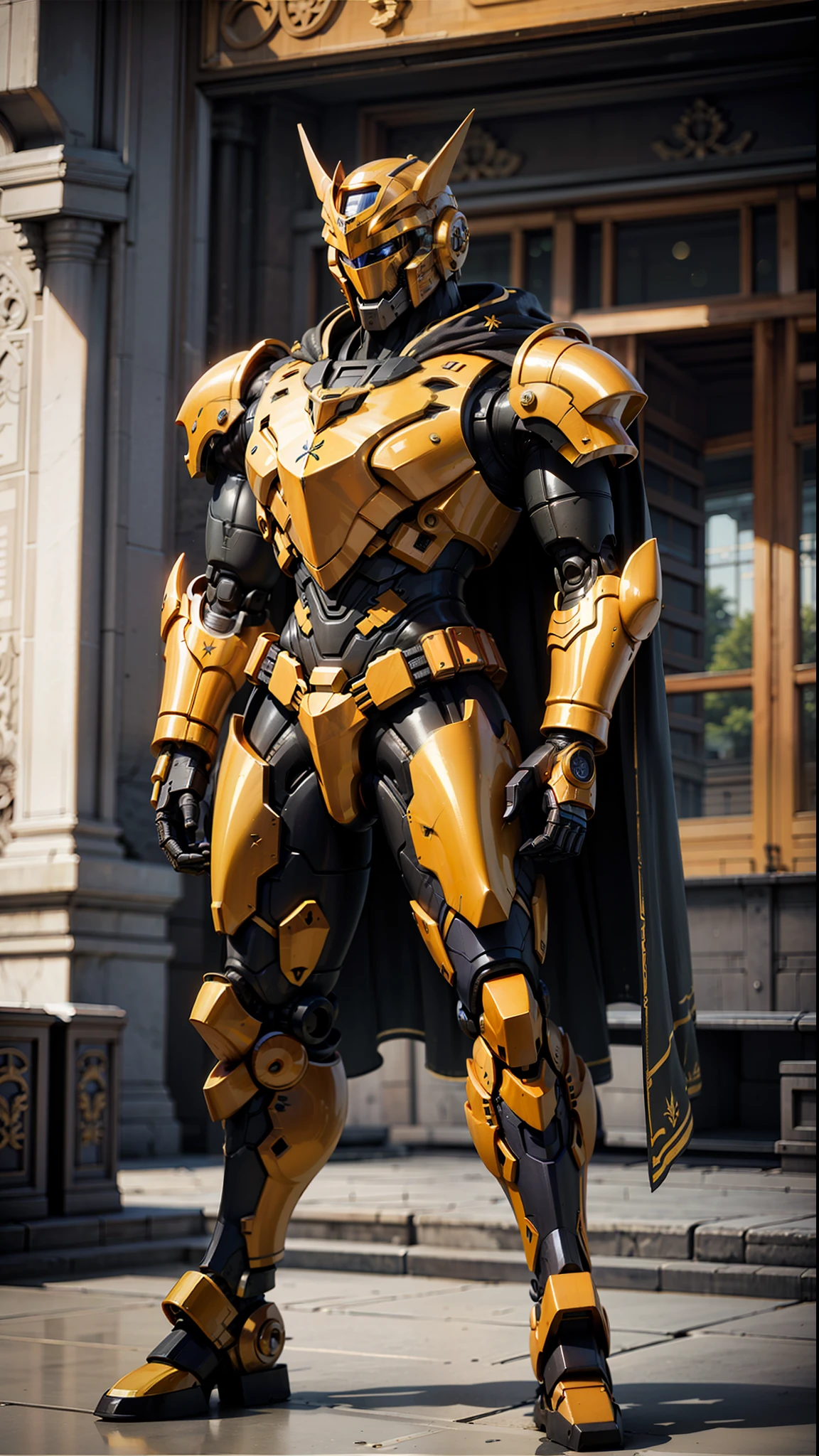 ((Best quality)), ((masterpiece)), (highly detailed: 1.3), 3D, elite Mecha paladin, guard of the royal house, beautiful man intricate ceremonial armor, golden cape, military mecha parade in the background in the great imperial palace,