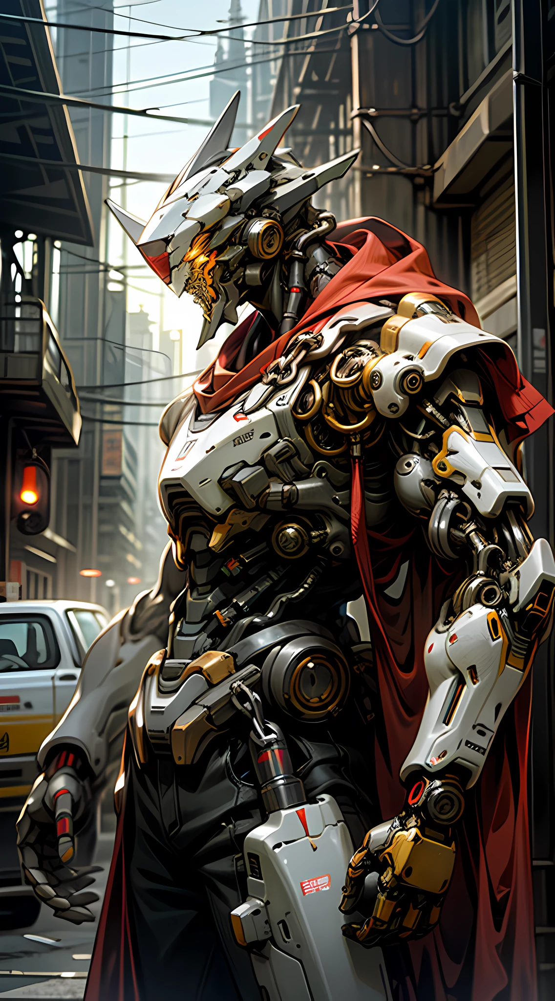 Dark_Fantasy,Cyberpunk,(chain saw,chain saw man,Red:1.1),1man,Mechanical marvel,Robotic presence,Cybernetic guardian, wearing a worn-out mech suit, intricate, (steel metal [rusty]), elegant, clear focus, shot by greg rutkowski, soft lighting, vibrant colors, masterpiece, ((street)), cowboy shot, dynamic pose,