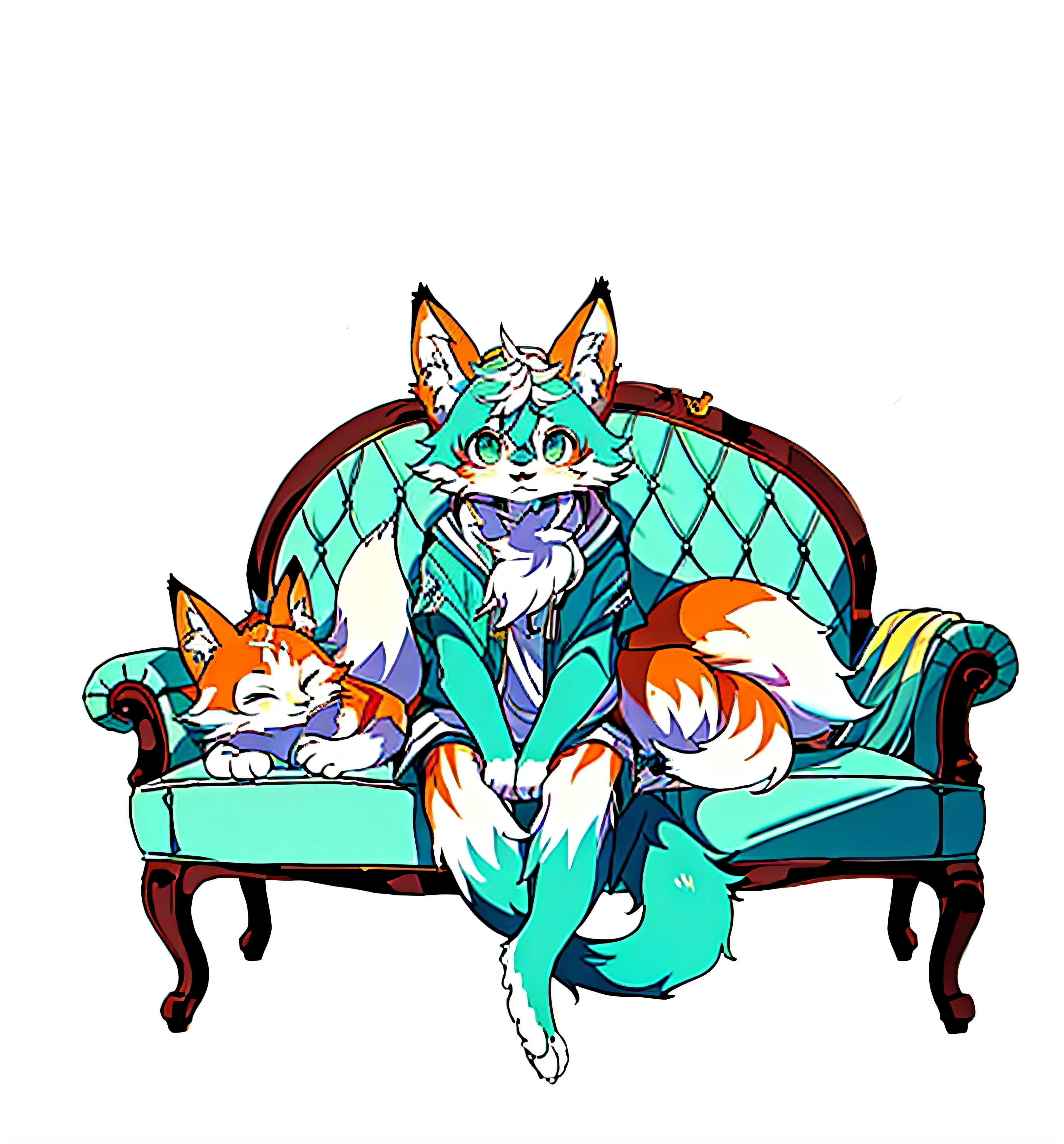 A fox sitting on a sofa with a close-up of a fox, pixiv trend, furry art, SFW version, anime fox, fluffy light blue skin cute, realistic anime, furry anime