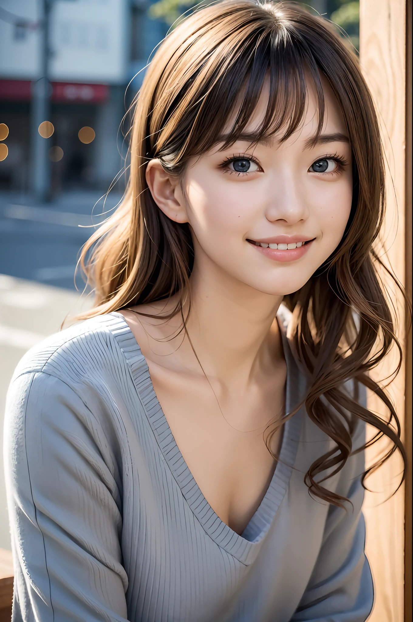 Studio Light, Depth of Field, Upper Body, Slender, Cute Face, Smile, Beautiful Detail Eyes, 19 Years Japan Person, Cute, Warm Blonde Color Voluminous Curls, Black Hair, Plaza, Casual