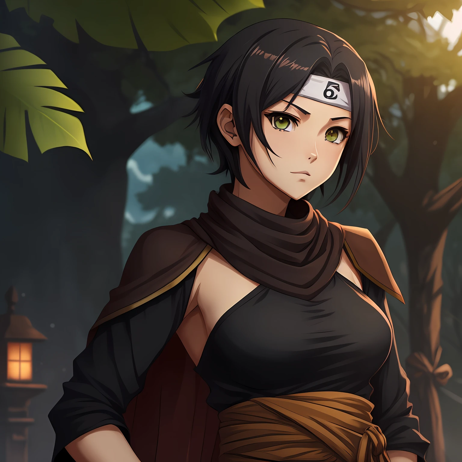 art style anime rpg, masterpiece, best quality, girl, ninja, warrior clothes, leaf village background, bandana on forehead, short black hair, buff woman
