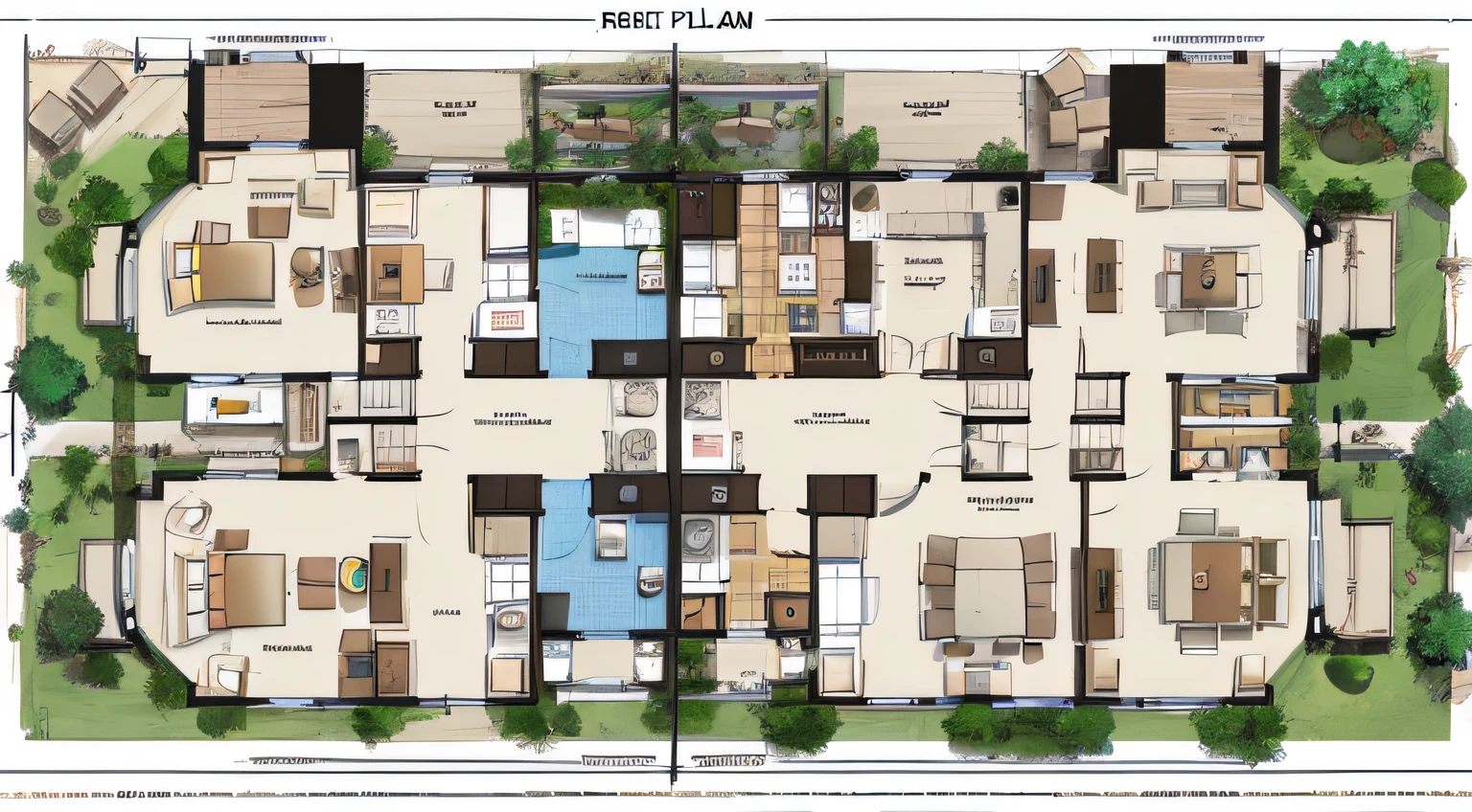 (architectural floor plan designed, orthogonal view, quite complex project, rich in details), mansion ground floor, two suites, large living room, dining room, four bedrooms, gourmet area, garage for three cars, swimming pool, gym area, sports court, garden, --auto