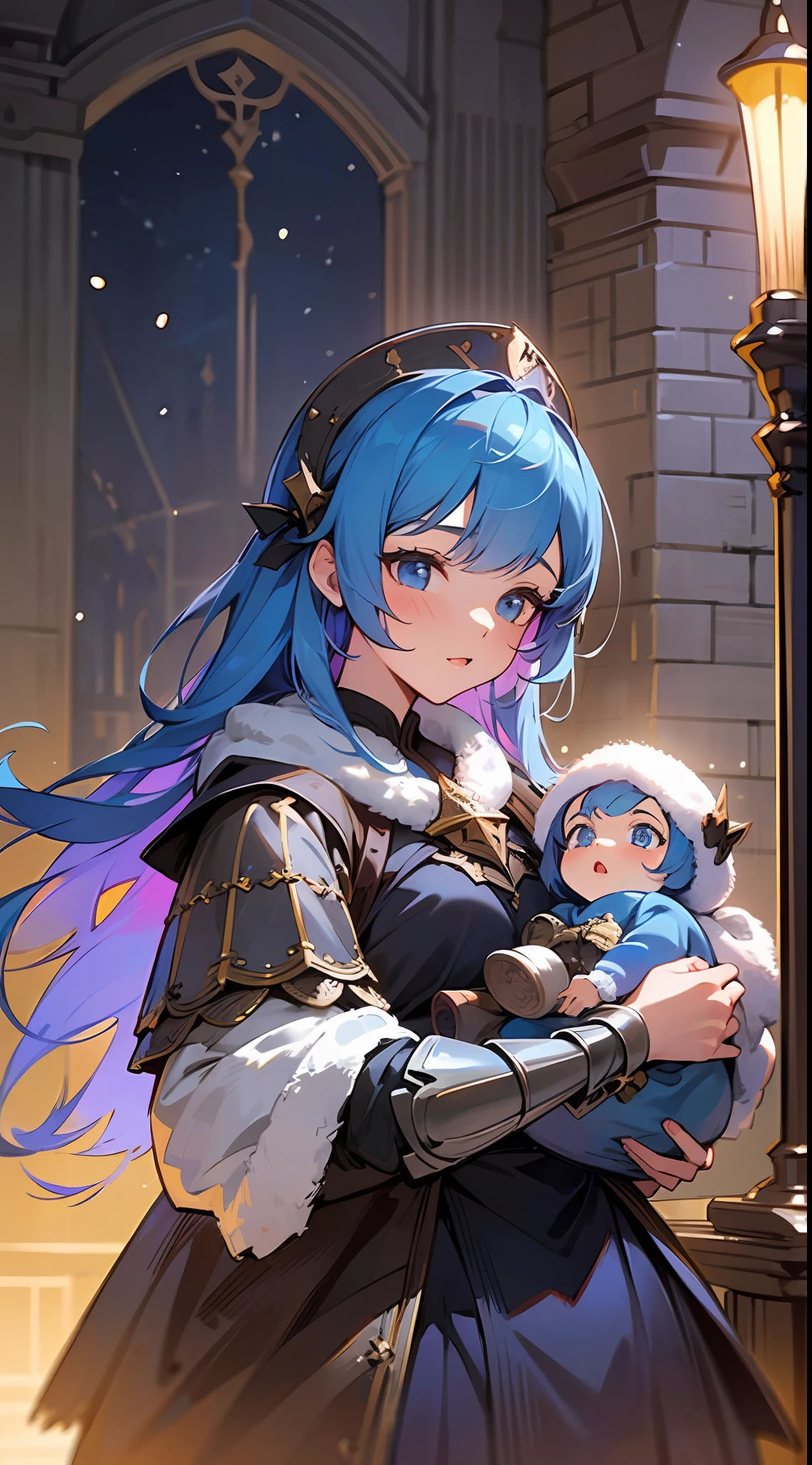 Top quality, detail, 8K, 4K, high resolution, detailed, blue-haired knight girl, upper body shown, holding a basket with a baby, adventurer's guild building, ((several girls)), characters of various colors, (fantasy world), winter night,