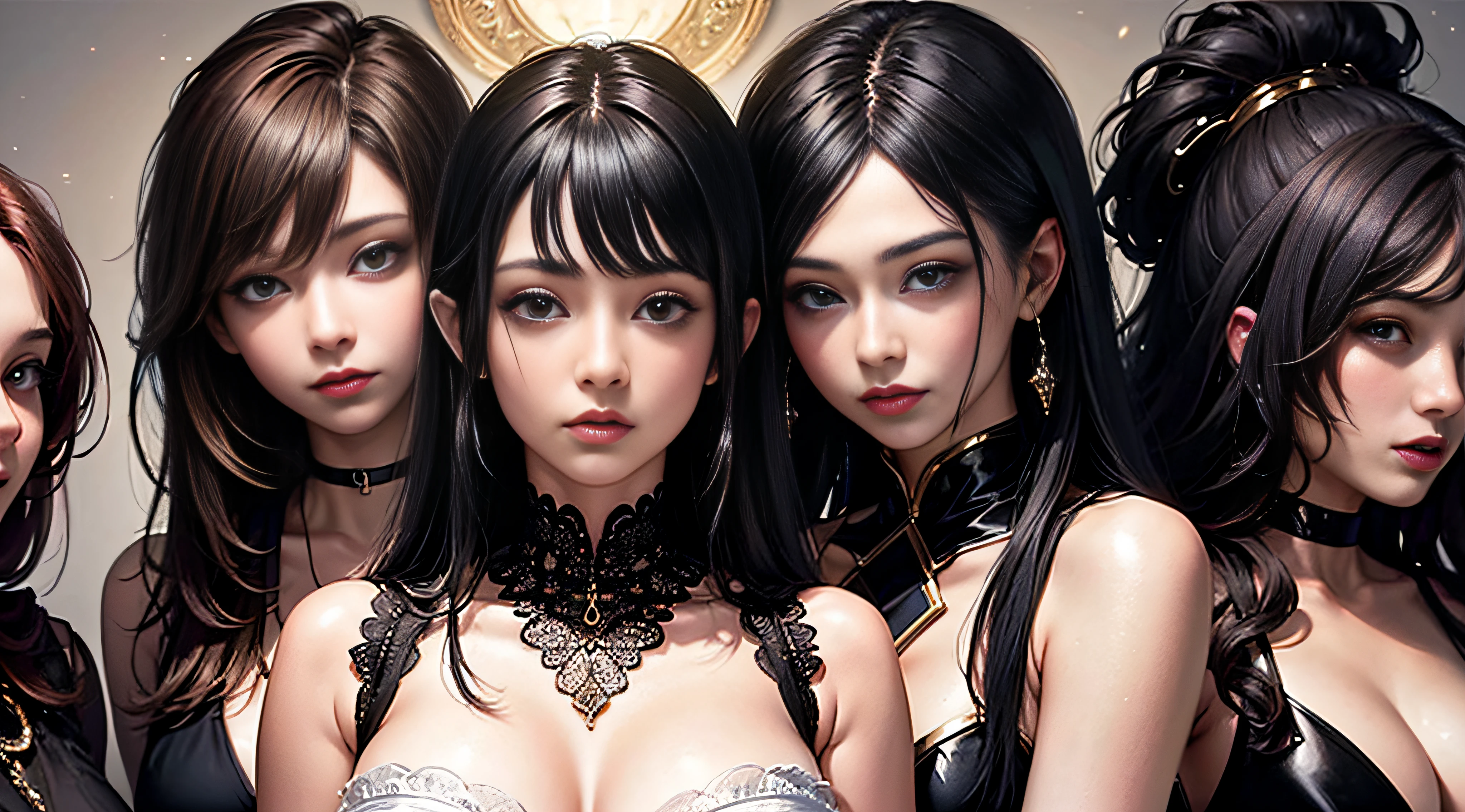 ((sexy woman)),(group of girls)), delightful lighting, blurred background, exceptional costume design, seductive, charming, artistic and memorable pose. Volumetric light that emphasizes the atmosphere. 5 girls surround a sexy woman with big breasts and create an interesting contrast in the overall composition. faces are on the same level in the center of the photo, everyone is looking at the camera, the colors are saturated, bright and contrasting. The image is eye-catching and has a high visual impact. It's a work of art!)