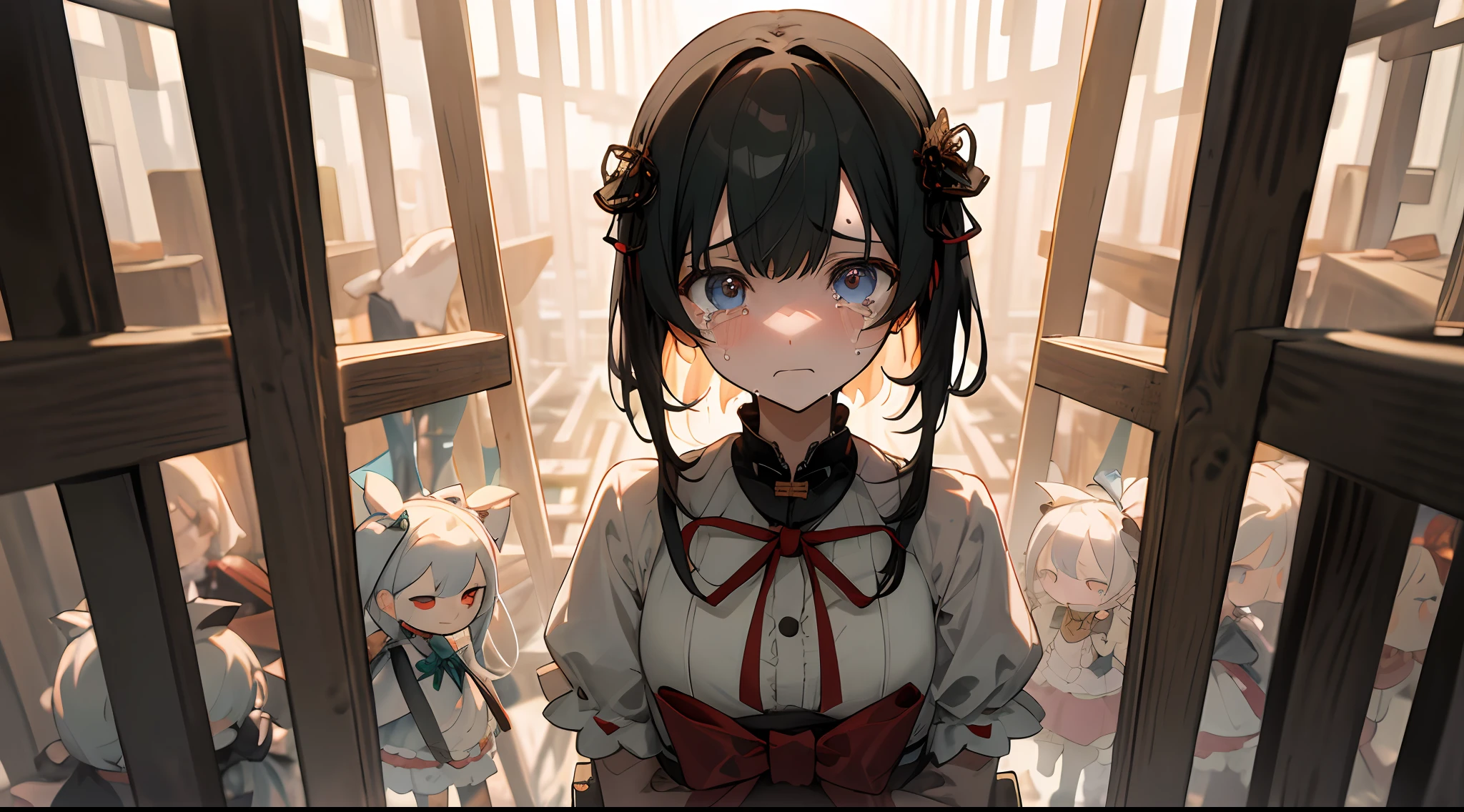Upper body, far view, a doll maiden, beautiful detail eyes, trapped in a maze, bound, tearful, crying