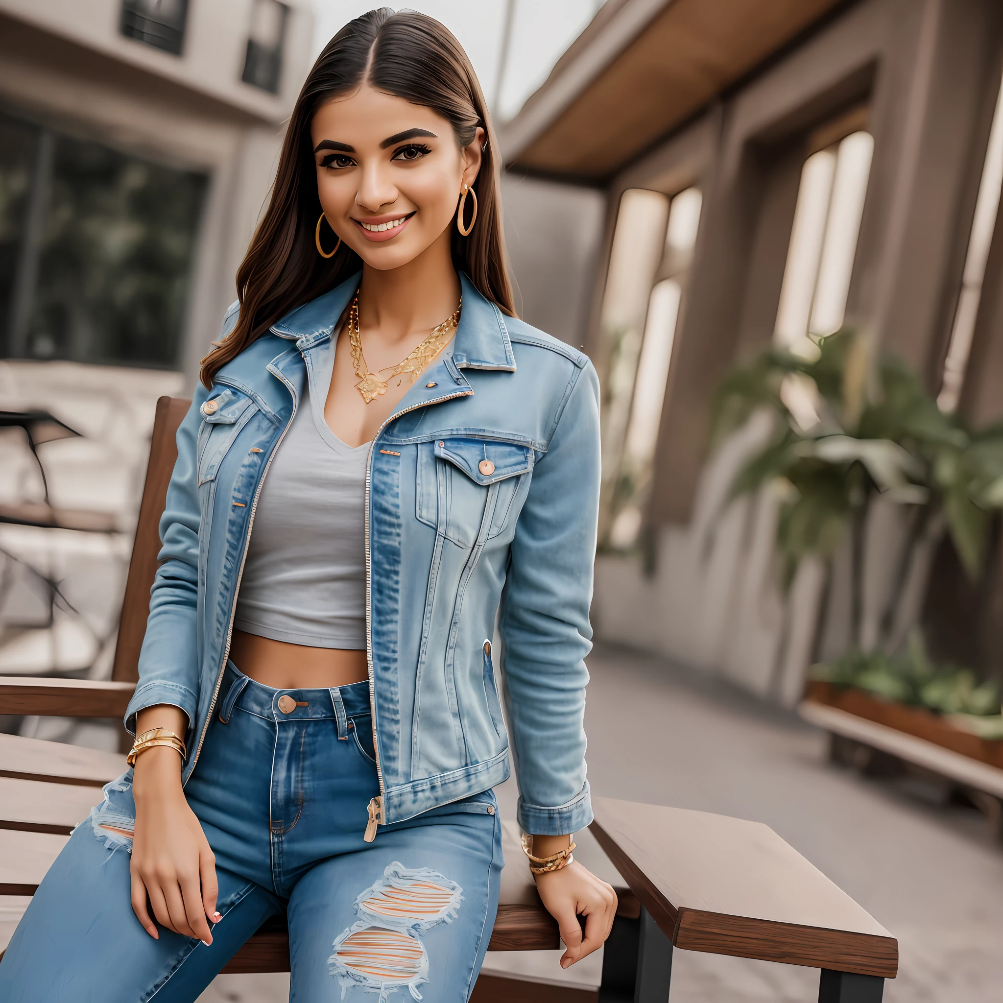 (8k, best quality, masterpiece, ultra highres:1.2), 1 girl, full body, sitting in a chair, leaning towards the viewer, beautiful 22-year-old Latina woman named Grace wearing a zipperless hood, jeans, blush, smile, jacket earrings, gold necklace, flower in hair, tight body, fit body, shaker interior, official night art, ultra high res, professional photography, sharp focus, HDR, 8K resolution, intricate details, sophisticated details, depth of field, DSLR RAW, photorealistic, --auto