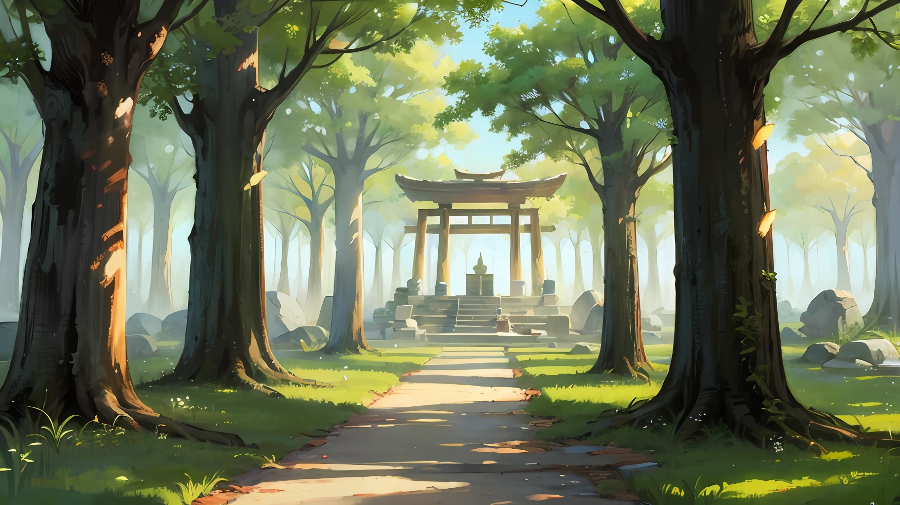 A stone temple in the forest, mushishi style, water color --auto