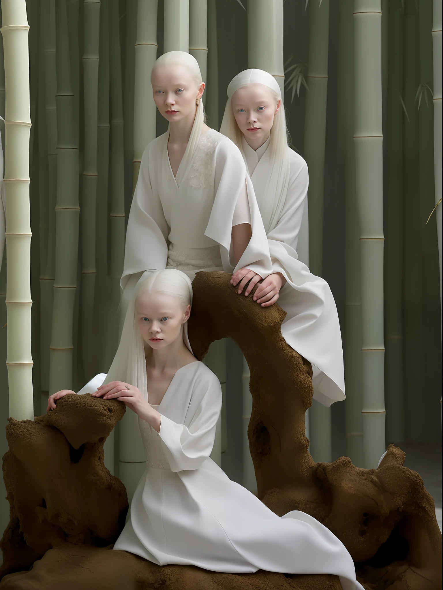 (Woman in white dress: 1.2, bamboo pole: 0.9) Woman in white dress sitting in front of bamboo pole, portrait of Yuri Schvedorf and Tom Bagshaw, albino mystic, inspired by stills of Zheng Xiaorong, Zhang Jingna, Russell Lu Dongjun, a stunning young ethereal character.