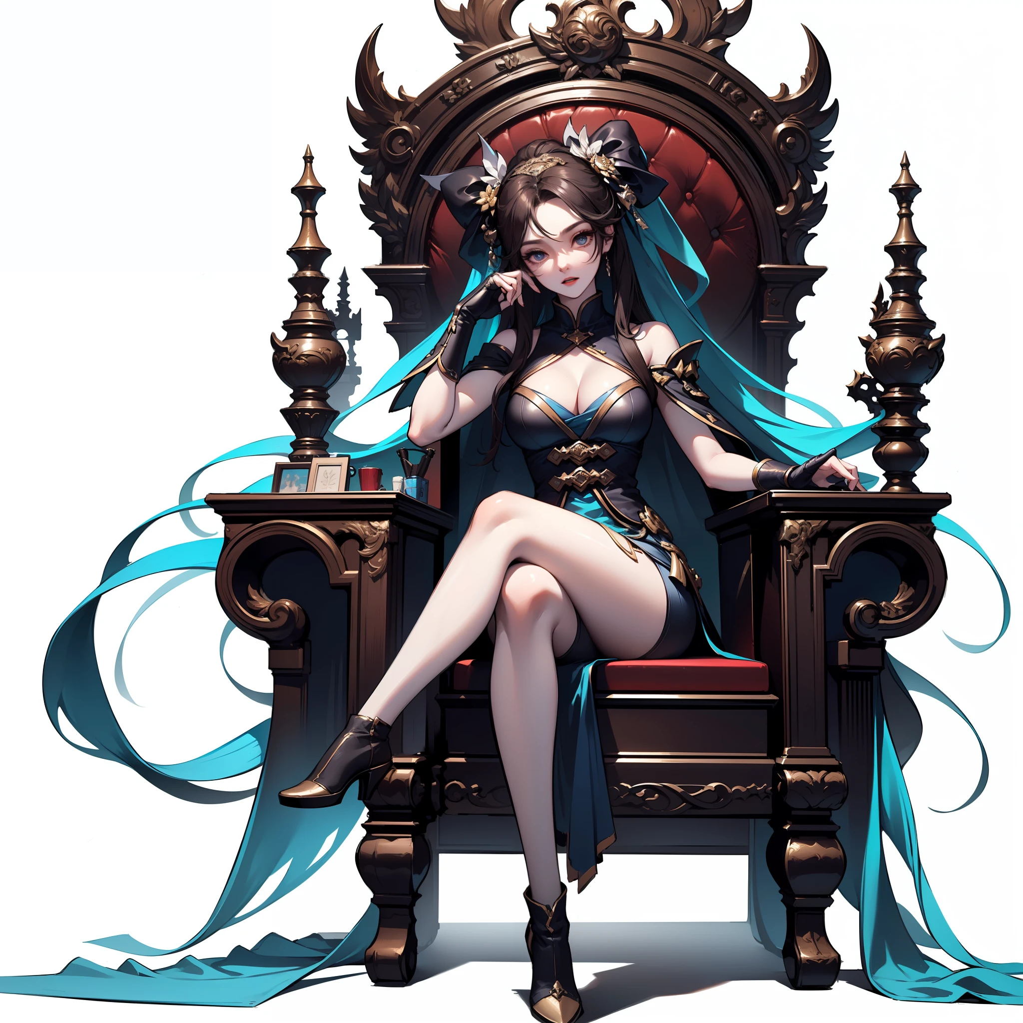 1 woman sitting on throne, full body, white background, xianxia, long hair, gorgeous hair accessories, hanfu, high detail, sketch, denoising, cinematic grade, white background, super high resolution, sharp focus, epic composition, masterpiece, (very detailed CG unified 8k wallpaper)