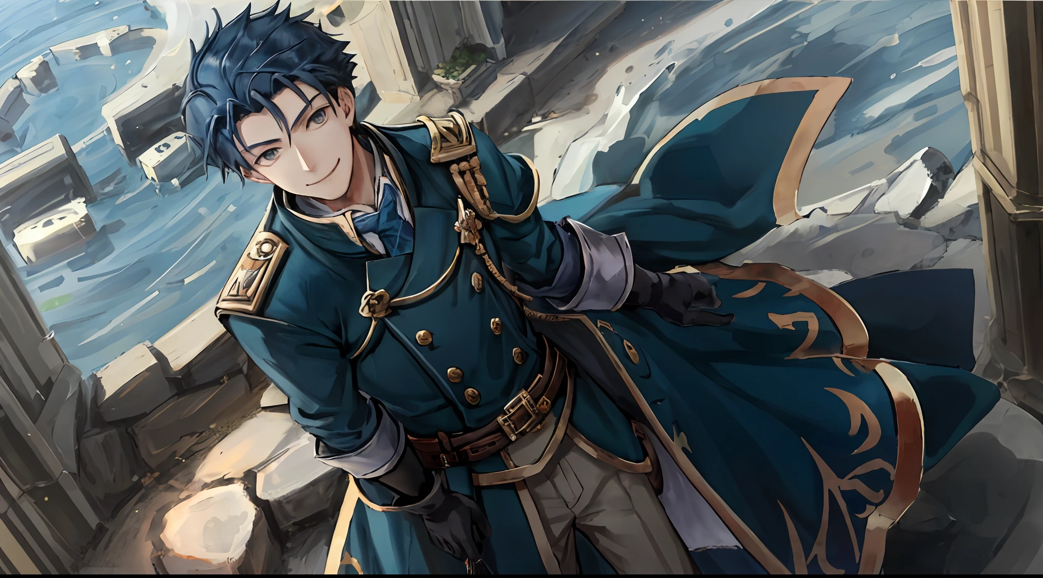Masterpiece, best quality, (1man; 1.3), 25 years old, short blue hair, golden eyes, Hector Fey, tie, coat, street, from above, lens flare, depth of field solo, looking at the audience, smiling, gloves, 1boy, male focus, castle view