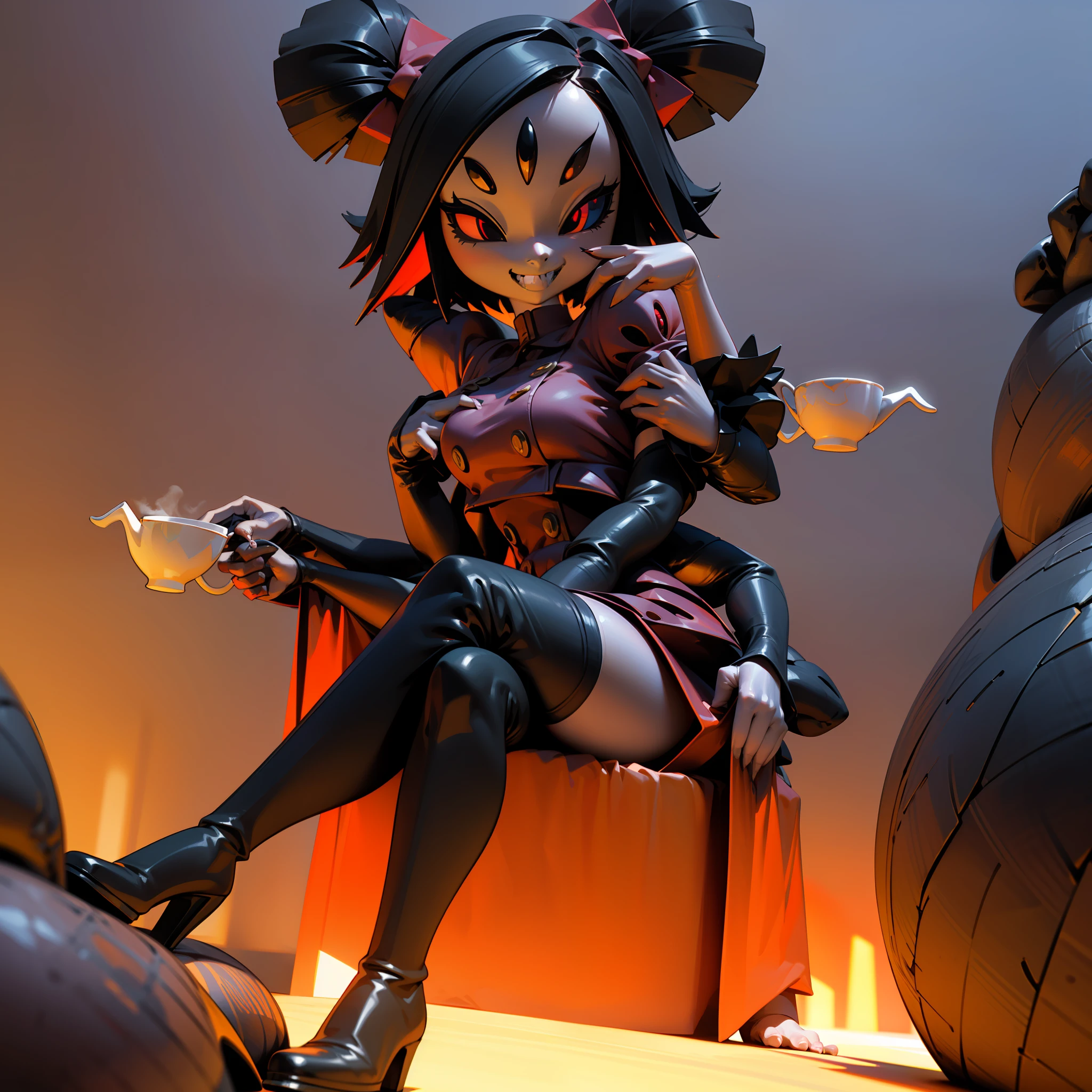 [muffet_(undertale)], [uploaded to e621.net; (napalm_express), (iseenudepeople)], ((High definition)), ((detailed shading)), ((beautiful solo portrait)), ((full body)), ((raw photo)), ((beautiful 3D art)), ((monster girl)), {(attractive); purple skin, glowing red eyes, 5 eyes, black hair, (2 hair buns), (6 arms), (sharp claws), (excited expression)}, {red clothes, black knee high heel boots}, {(sitting), (holding tea cup)}, [Background; (cave1.2), (webs), (dark), (spiders), nighttime]