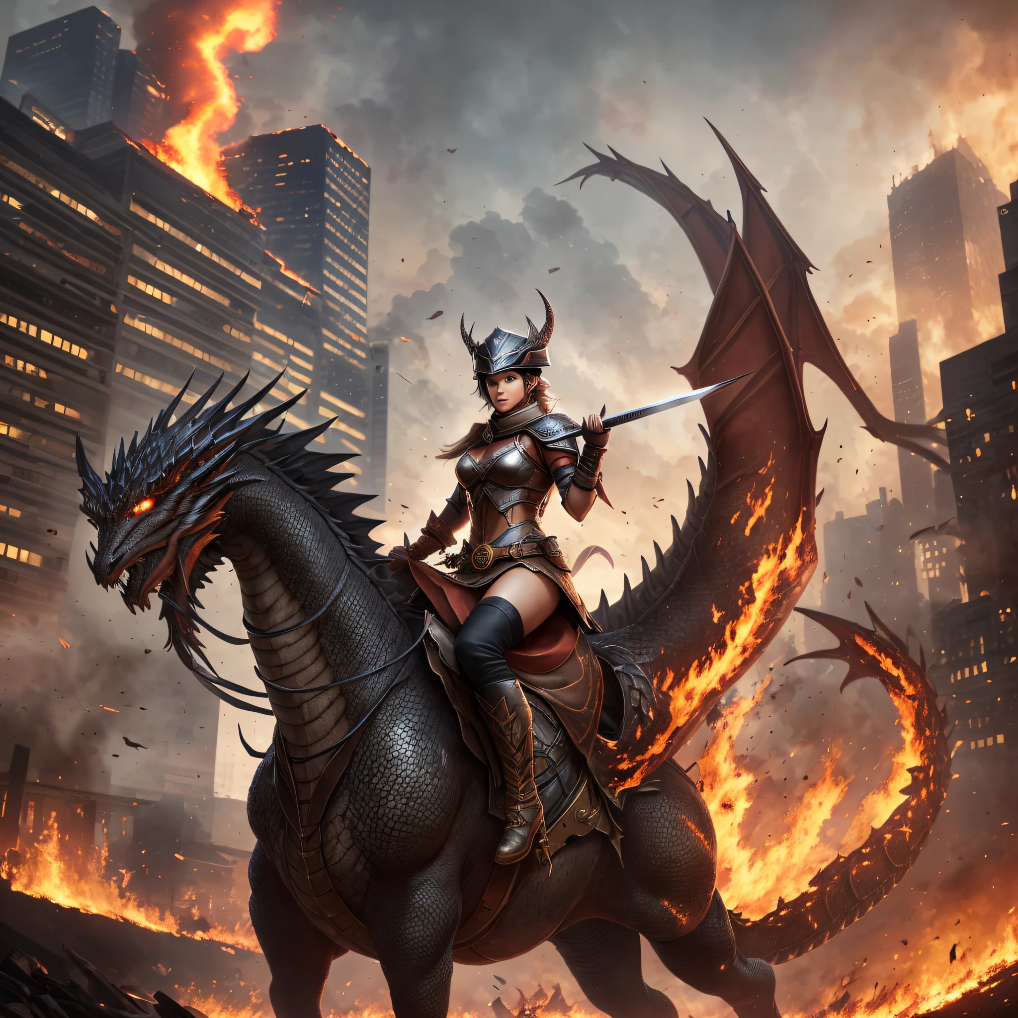 An autonomous and fearless woman, short clothes and holding a gleaming sword, is mounted on top of a powerful burning dragon. In the background, a city is consumed by fire, creating an epic and action-packed backdrop. The rider imparts strength and experience while facing imposing challenges.