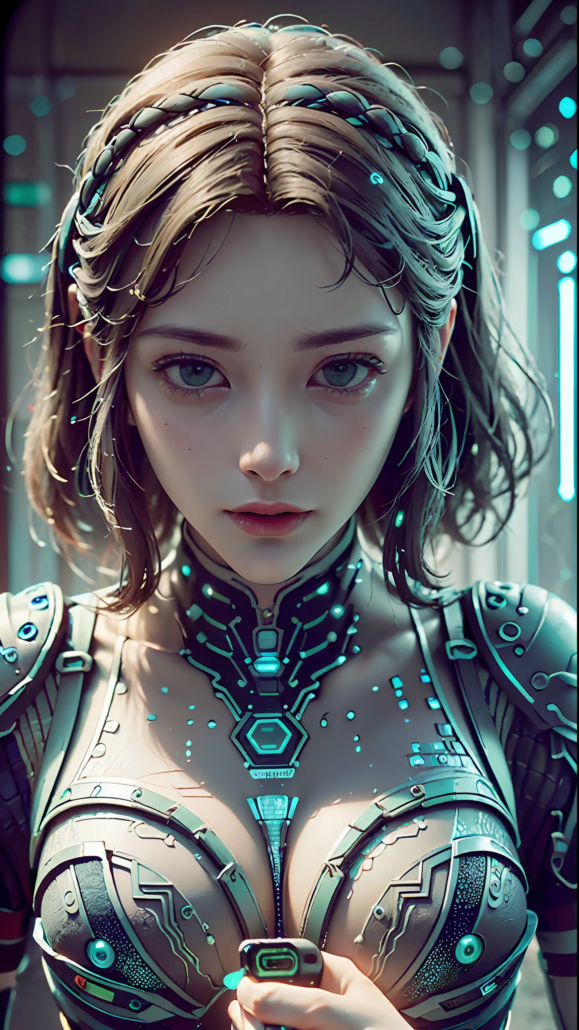 ((Best quality)), ((masterpiece)), (detailed:1.4), 3D, a beautiful cyberpunk female figure with thick hair, indoors, looking at an electronic screen, thinking about problems, looking focused, holding an electronic pen in hand, inside the spaceship, (((seven-dimensional photo)), (full-coverage electronic leather clothing), luminescence, light particles, (((glow)), pure energy chaos anti-technology, HDR (high dynamic range), (high light and dark contrast), ray tracing, NVIDIA RTX, Super-Resolution, Unreal 5, Subsurface scattering, PBR Texturing, Post-processing, Anisotropic Filtering, Depth-of-field, Maximum clarity and sharpness, Multi-layered textures, Albedo and Specular maps, Surface shading, Accurate simulation of light-material interactions, Perfect Proportions, Octane Render, two-tone lighting, large aperture, low ISO, white balance, rule of thirds, 8K RAW