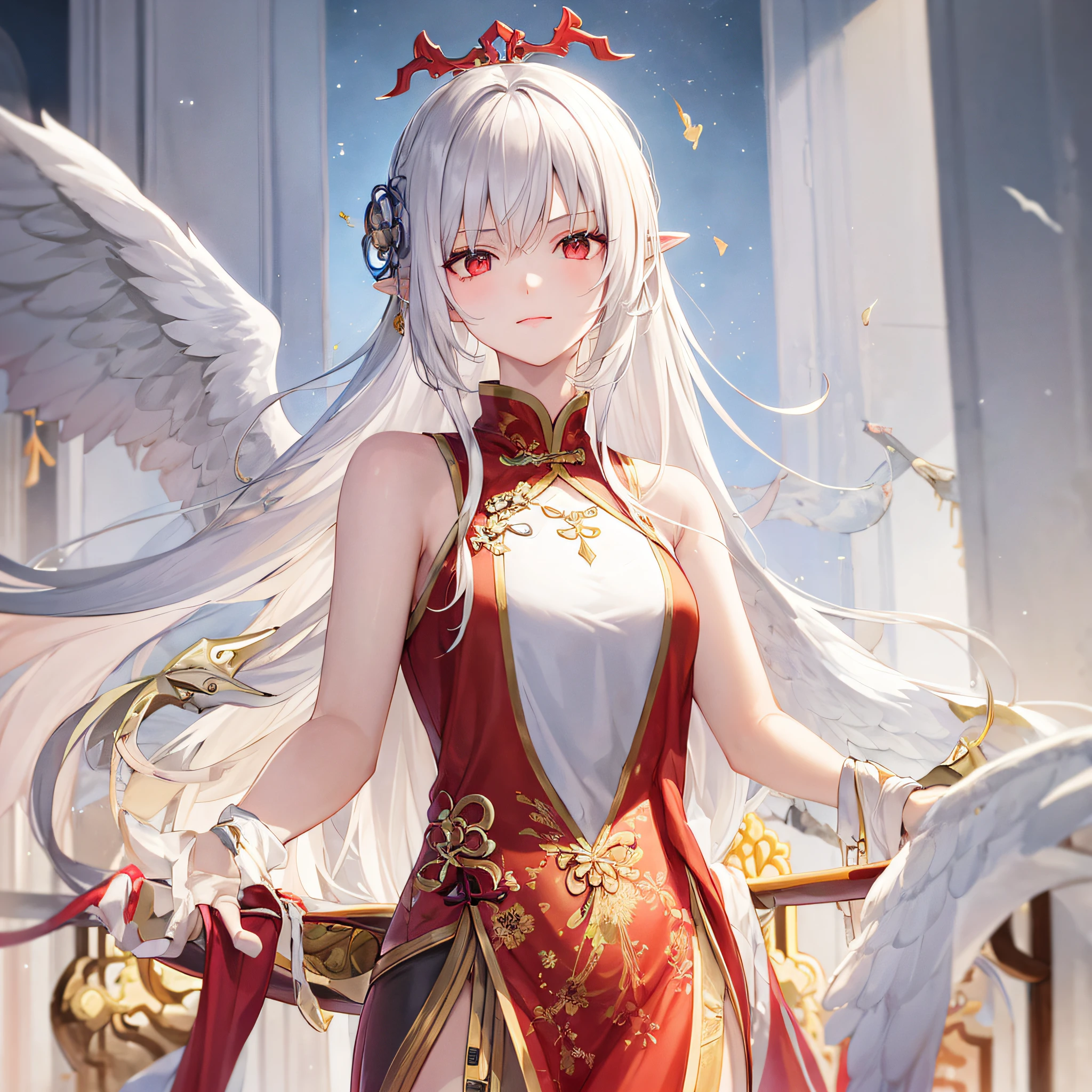 A woman with long white hair, a woman with red eyes, a crown of thorns on her head, an arrogant expression, dressed in ancient Chinese clothing, flowing tulle, light silk, lazy pose, angels, wings, elves, ink painting style, clean colors, decisive cuts, white space, freehand, masterpiece, super detailed, epic composition, high quality, highest quality