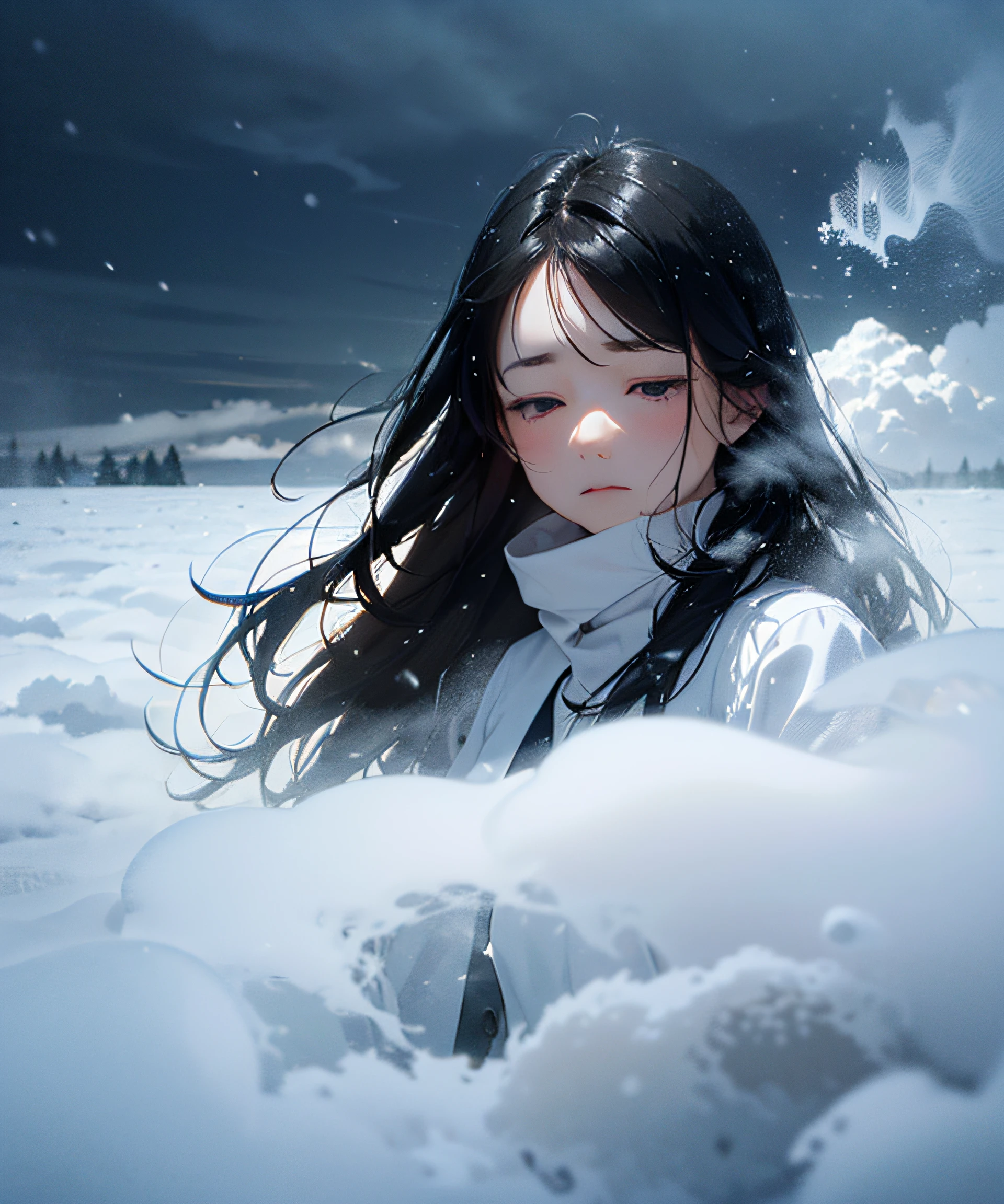 Masterpiece, (Illusion: 1.5), Ghost of a Beauty, Beauty Dead, 20 Years Old, (Cloudy Day)), ((Snow Day)), ((Death Dress)), (Sail), (Forehead Eboshi), Monochrome, (Snowy Forest), (Dream: 1.5), Scary Dream, ((Dense Fog: 1.8)), ((Dry Ice)), (Foggy: 1.5), (Snowstorm: 1.5), In a Deep Forest, (Falling Snow: 1.5), Beautiful and Beautiful, (((Sea of Clouds)), (( Above the clouds)), night, (pitch black darkness), (reflected light of snow), long black hair, hair luster, snowflake, snowflake hair ornament, snow mountain, whole body, black hair floating in the wind, ((cloudy sky)))), jet black, (white sigh: 1.5), foot, (snow smoke hides your feet: 1.5), (snow smoke), (sigh: 1.5), (anger), (sadness), (melancholy), pale flame, foxfire