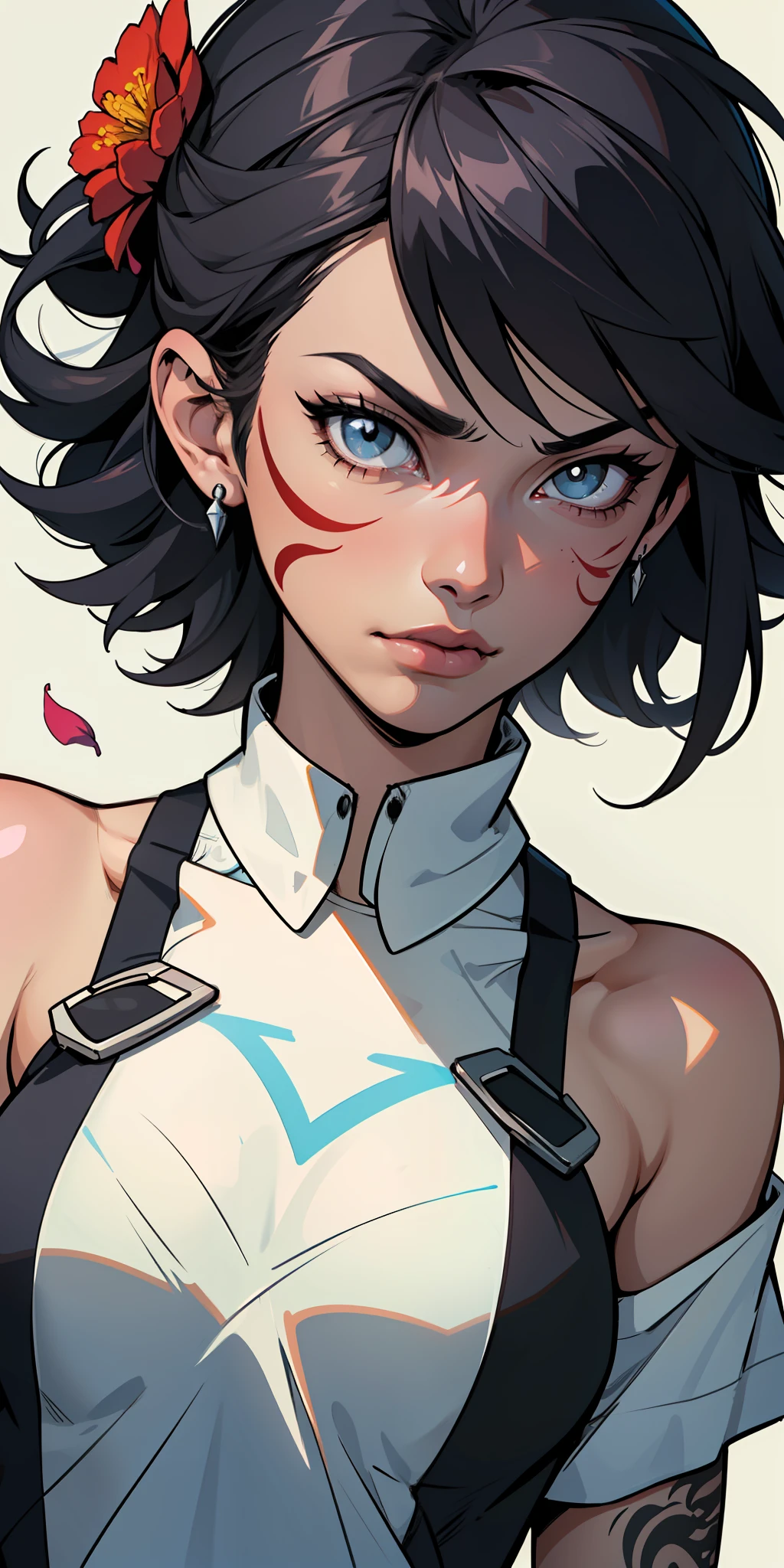 ::  comix style ryuko hikari ::2.9   style ::2.0 comix illustration style ,digital illustration of beautiful female character in toh-yasu drawing style illustrator, anime style, body with futuristic tribal tattoo style designs in dragon shape, serious face and ultra detailed artwork, graffiti style destroyed city scenery with camera focus, (beautiful and clear background:1.2),,((sofía vergara  beautiful woman )), ( detailed eyes and detailed face:1.3), (t-shirt or dress:1.3), (beautiful and clear background:1.2), (extremely detailed, ultra-detailed, best shadow:1.1),bare shoulders, flowers and petals,  , (white background:0.5), (illustration :1.1), (extremely fine and beautiful girl:1.1), (perfect details:1.1)