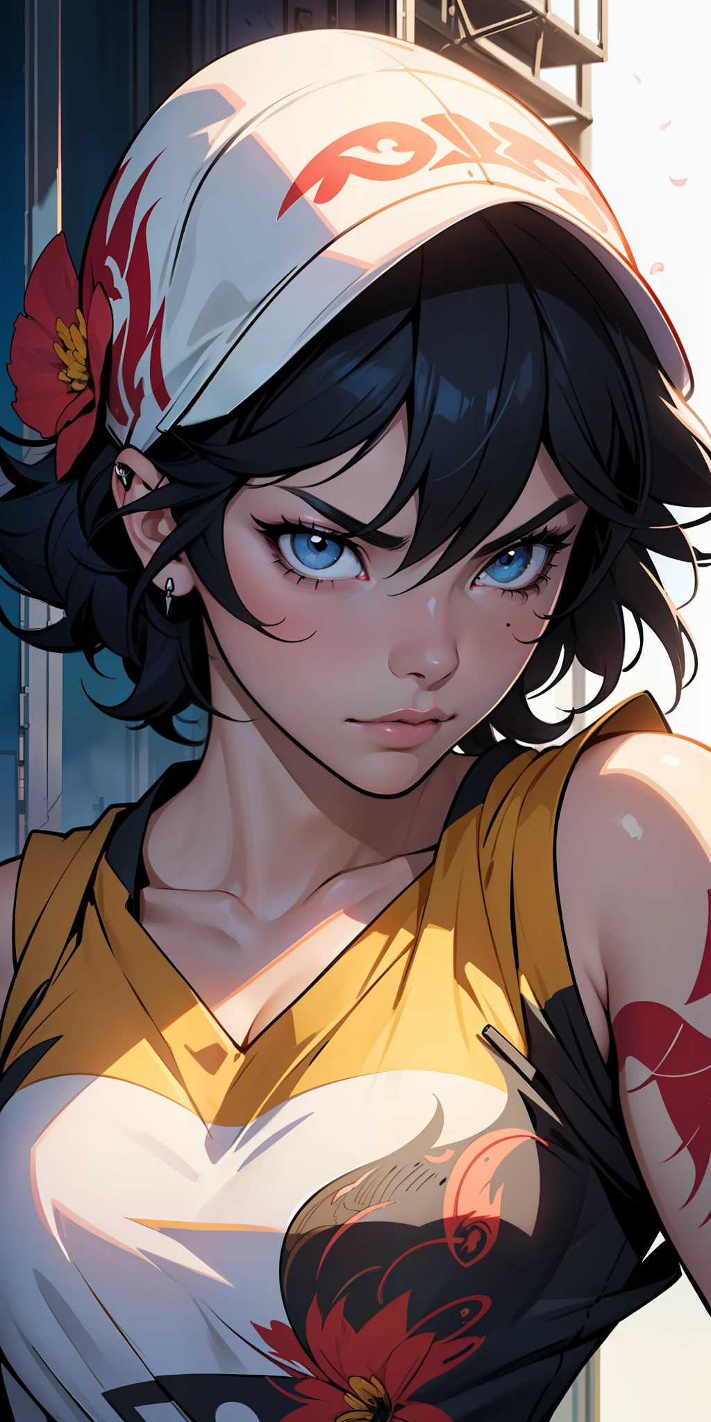 ::  comix style ryuko hikari ::2.9   style ::2.0 comix illustration style ,digital illustration of beautiful female character in toh-yasu drawing style illustrator, anime style, body with futuristic tribal tattoo style designs in dragon shape, serious face and ultra detailed artwork, graffiti style destroyed city scenery with camera focus, (beautiful and clear background:1.2),,((sofía vergara  beautiful woman )), ( detailed eyes and detailed face:1.3), (t-shirt or dress:1.3), (beautiful and clear background:1.2), (extremely detailed, ultra-detailed, best shadow:1.1),bare shoulders, flowers and petals,  , (white background:0.5), (illustration :1.1), (extremely fine and beautiful girl:1.1), (perfect details:1.1)