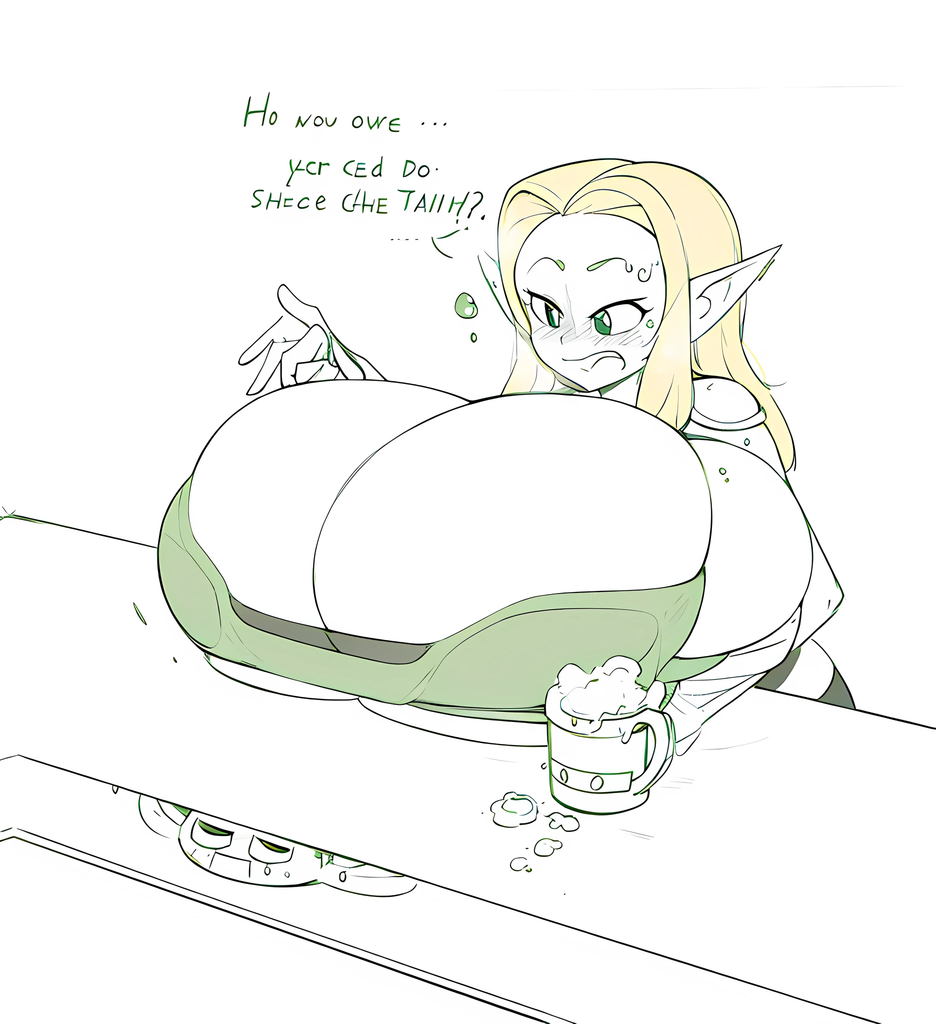 gigantic breasts, confused, question mark, slime creatures, mug