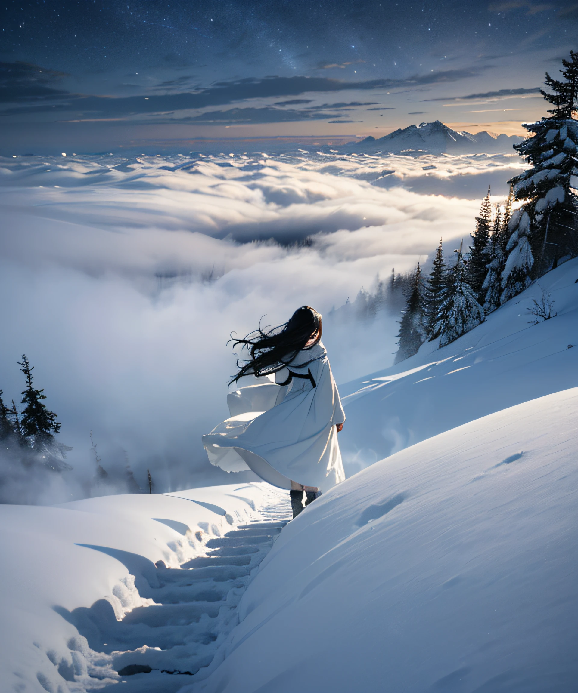 Masterpiece, (Illusion: 1.5), Ghost of a Beauty, Beauty Dead, 20 Years Old, (Cloudy Day)), ((Snow Day)), ((Death Dress)), (Sail), (Forehead Eboshi), Monochrome, (Snowy Forest), (Dream: 1.5), Scary Dream, ((Dense Fog: 1.8)), ((Dry Ice)), (Foggy: 1.5), (Snowstorm: 1.5), In a Deep Forest, (Falling Snow: 1.5), Beautiful and Beautiful, (((Sea of Clouds)), (( Above the clouds)), night, (pitch black darkness), (reflected light of snow), long black hair, hair luster, snowflake, snowflake hair ornament, snow mountain, whole body, black hair floating in the wind, ((cloudy sky)))), jet black, (white sigh: 1.5), foot, (snow smoke hides your feet: 1.5), (snow smoke), (sigh: 1.5), (anger), (sadness), (melancholy), pale flame, foxfire