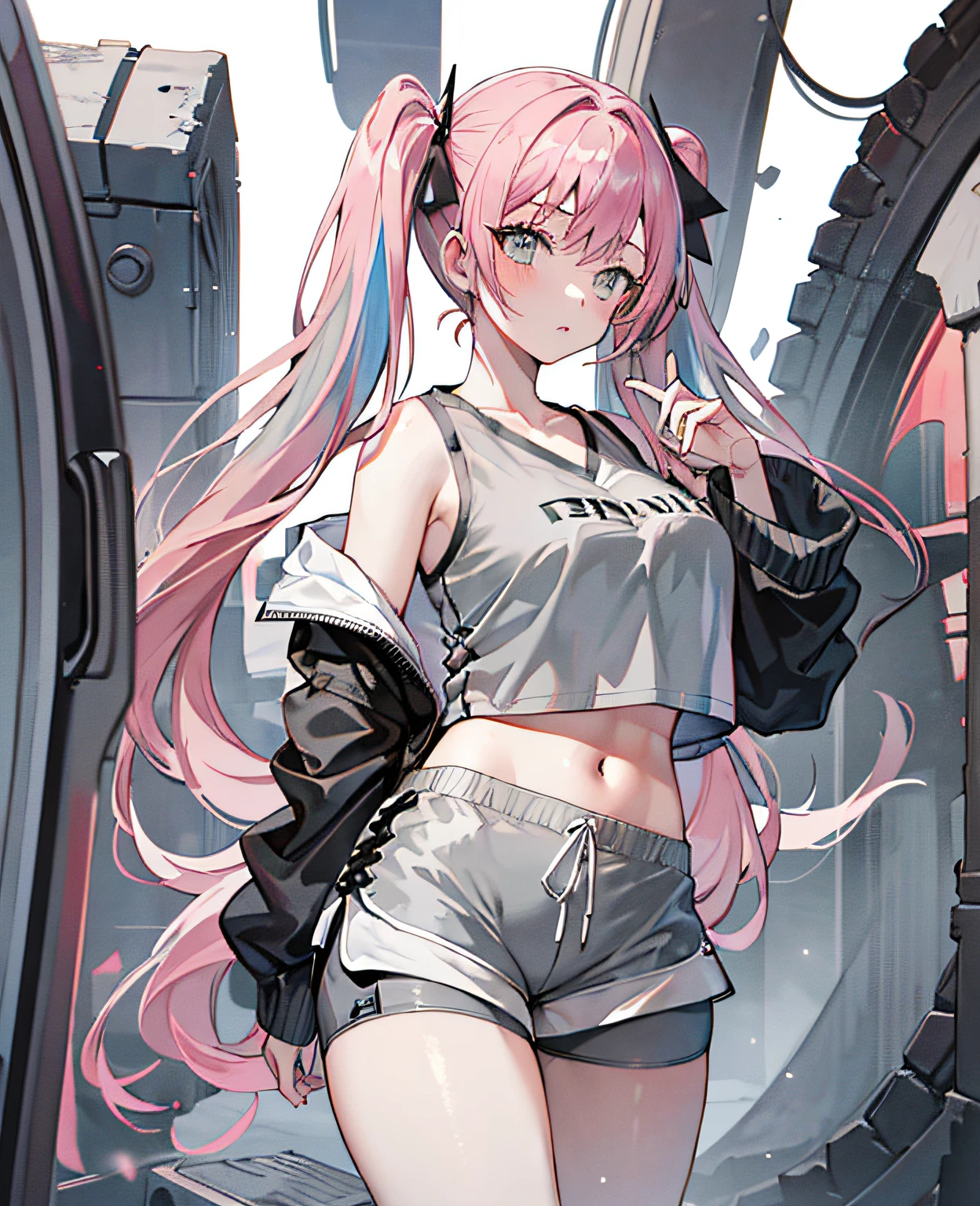 (Best Quality, Masterpiece), (((1 girl))))), (female-centered), (Twin tails))), (Pink hair)) (((Parker)), standing, white background, big breasts, ((((Gray shorts))
