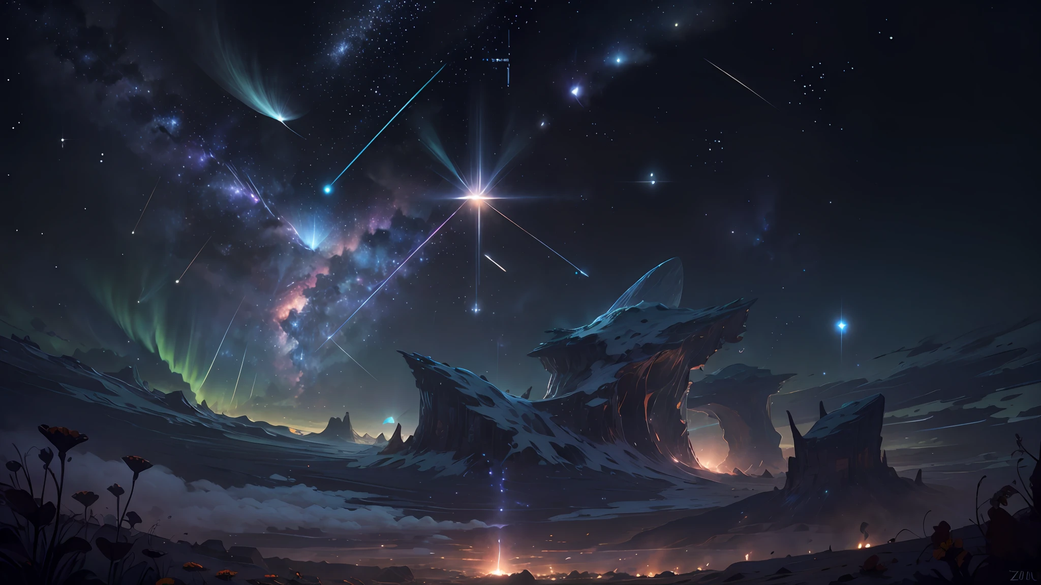 (zoomed out:1.1), (meteor shower:1.2), (comet:1.1), low angle, aroura borealis, shooting star, cloud, colorful, starry, stars, night, flower field, flower blossom, night sky, beautiful flowers, night theme, Surrealism, high detail, from below, from below, Hyperrealism, Impressionism, best quality, masterpiece, UHD, retina, award winning, 4K, anatomically correct, super detail --auto
