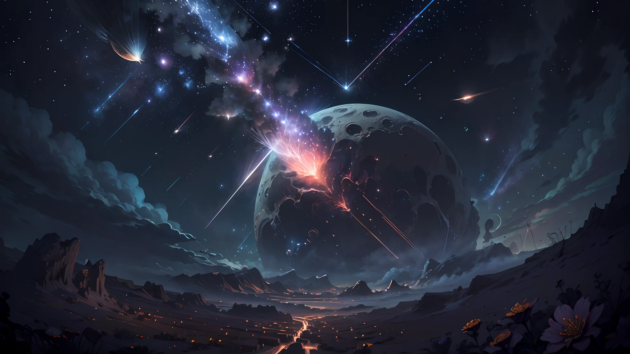 (zoomed out:1.1), (meteor shower:1.2), (comet:1.1), low angle, aroura borealis, shooting star, cloud, colorful, starry, stars, night, flower field, flower blossom, night sky, beautiful flowers, night theme, Surrealism, high detail, from below, from below, Hyperrealism, Impressionism, best quality, masterpiece, UHD, retina, award winning, 4K, anatomically correct, super detail --auto