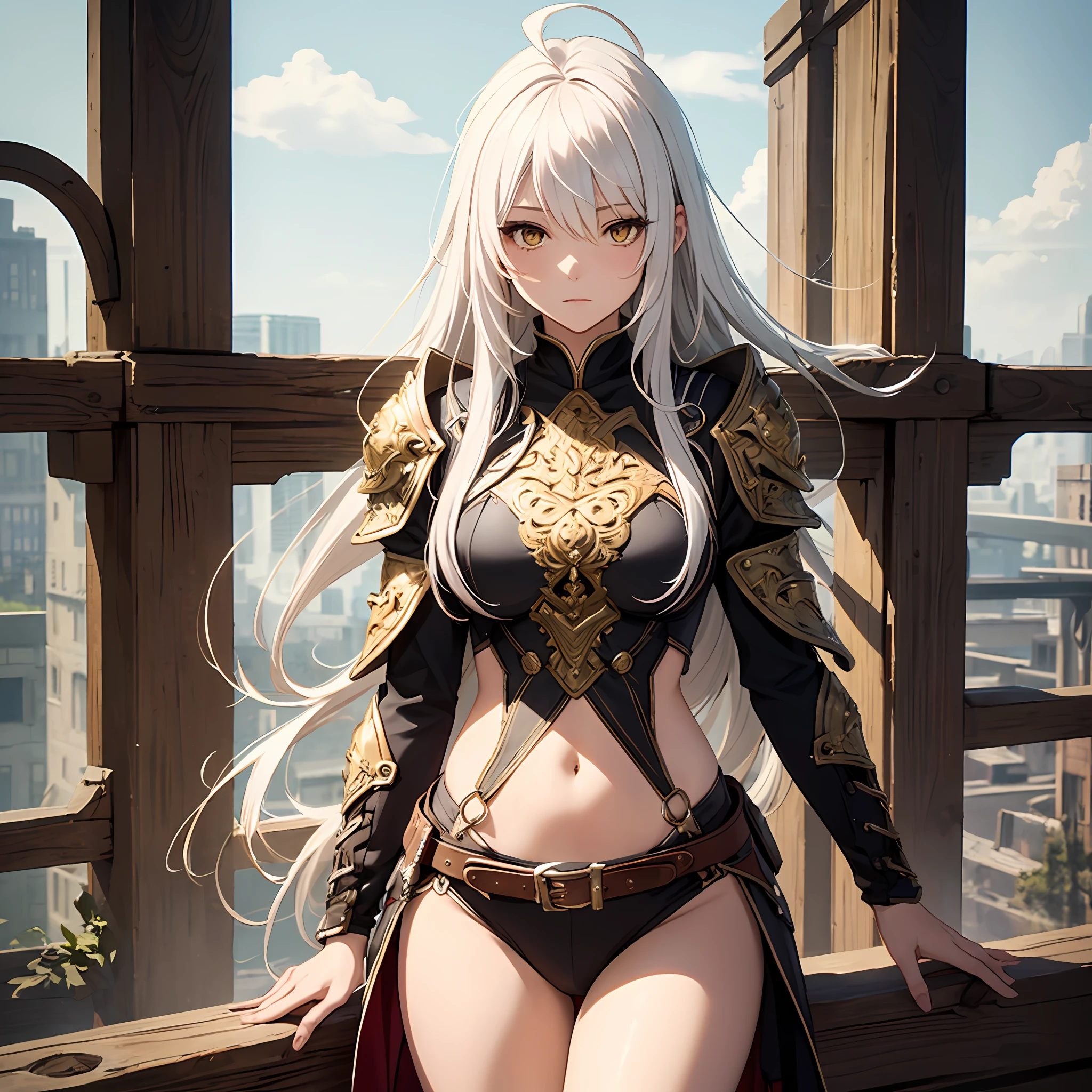 (masterpiece, best quality), intricate details, solo , 1girl , CielLion, long hair,white hair,ahoge, yellow eyes, (( facing view )),((( cowboy shot ))) armor,rogue --auto