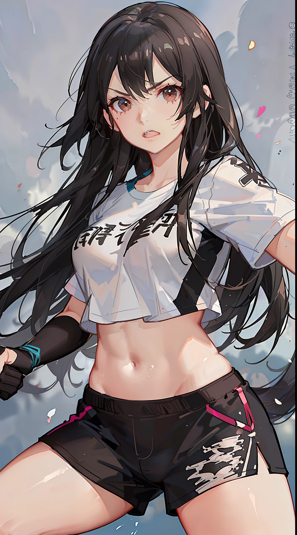 Young girl, long black hair, brown eyes, t-shirt, sports shorts, angry, fighting stance, masterpiece, high quality